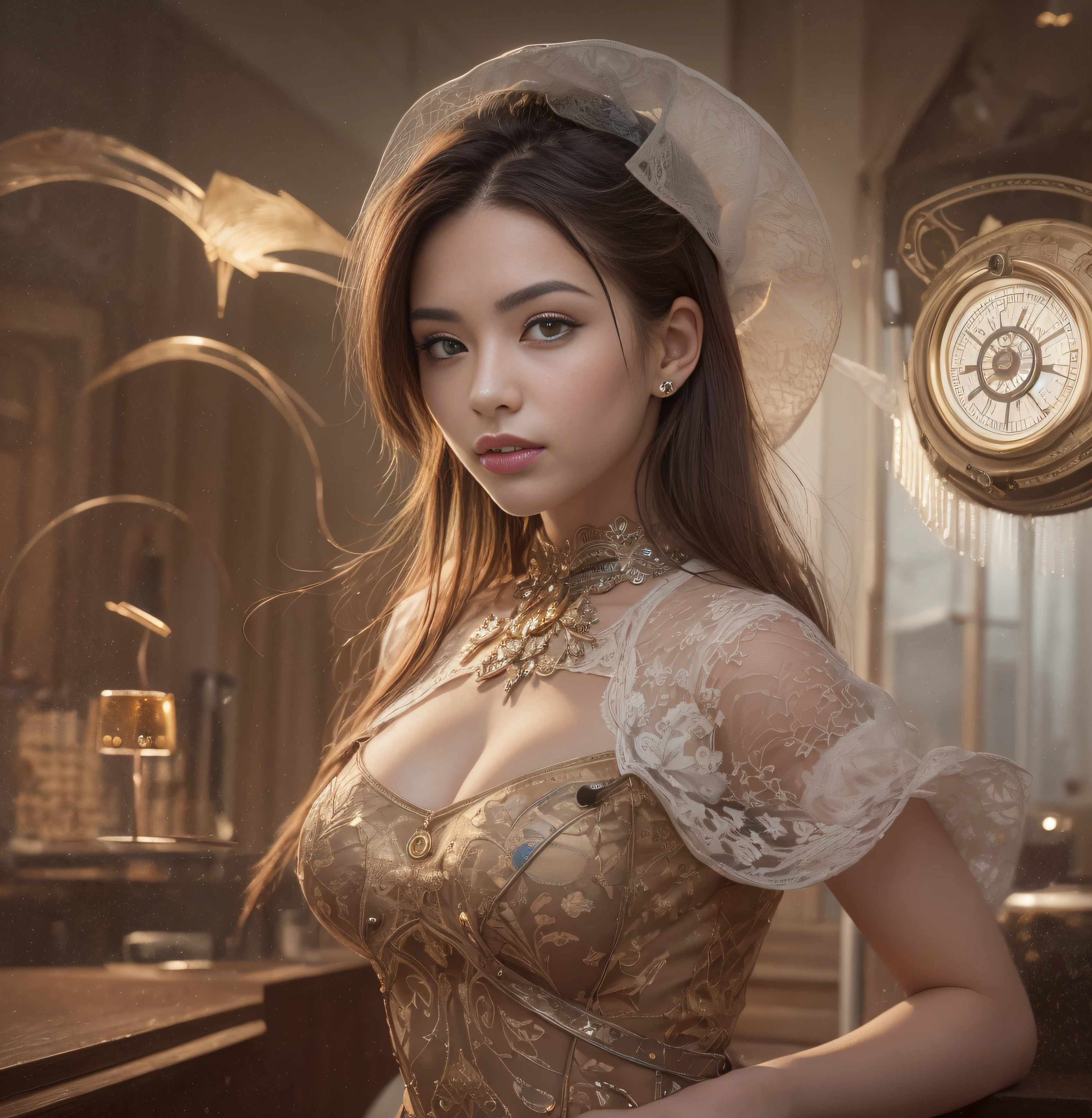 ((Best Quality)), ((masutepiece)), , Majestic and intricately detailed breaks,(Face in frame:1.2), Amazingly gorgeous woman with sensually beautiful details (big butt:0.8), (coffee shop:1.2, Wooden Bar Counter:1.2, Steampunk environment:1.2, the complex background:1.2), Long wavy hair, (Whitehead bow:1.2, Complex white mini dress with fluffy sleeves:1.2), (Perfect eyes:1.2), (Perfect hands:1.2), (Perfect fingers:1.2), (Perfect legs:1.2), (toned physique:1.2), High quality RAW photos, Hyper Detailed, Hyper realistic, Wonderful and beautiful, Hasselblad 35mm Lens, ISO 400, (lift up one's skirt:1.1), Medium full shot, Skin Tight, No_Underwear, Smiling, Text centered in the frame (Extremely detailed:1.3), (1girl in:1.2), inside in room, tree,plant, Trees, (a celestial compass guiding her path), Mystical and wondrous, BREAK Utilizing a wide-angle lens to capture the expansive sky, Added a touch of lens flare