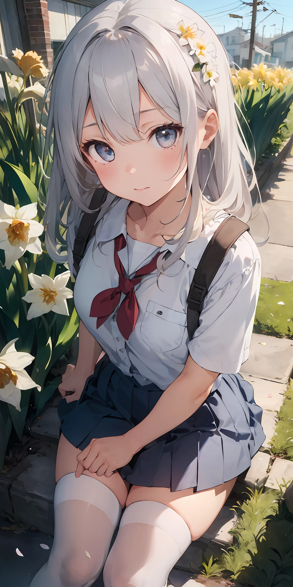 1girl, beautiful detailed eyes, long white hair, light grey eyes, school uniform, high white stocking, vivid, flower, daffodil, hyacinth, falling petals, , high contrast, ((masterpiece, best quality)), cinematic light, cinematic composition