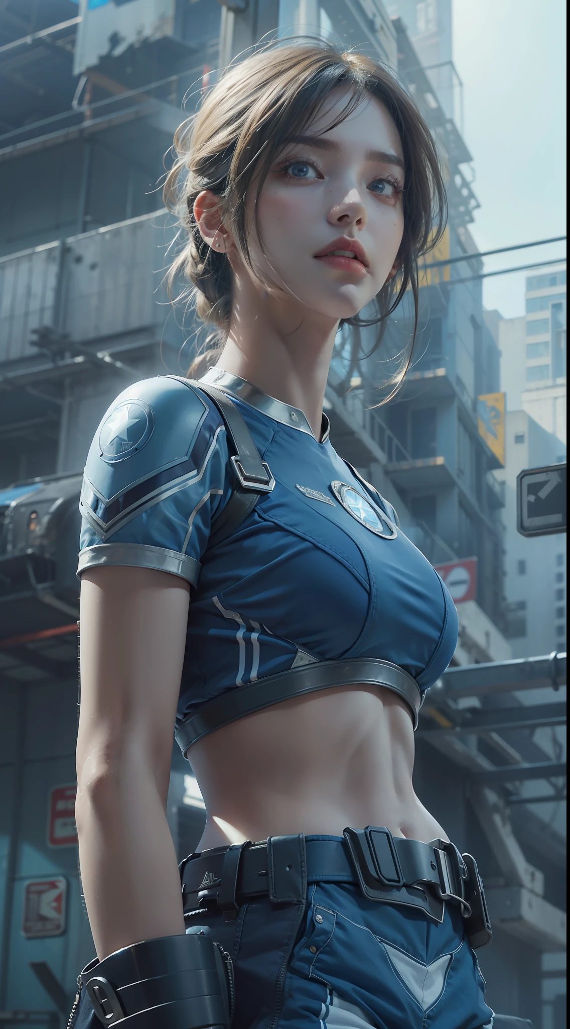(1girl:1.3), solo, __body-parts__, official art, unified 8k wallpaper, super detailed, beautiful and aesthetic, beautiful, masterpiece, best quality, raw, masterpiece, super fine photo, best quality, super high resolution, photorealistic realism, sunlight, full-body portrait, amazing beauty, dynamic pose, delicate face, vibrant eyes, (from the front), she wears a futuristic Captain America jersey, blue color scheme, (holding a shield), A capital A on chest, very detailed abandoned warehouse background, detailed face, detailed complex busy background, messy, gorgeous, milky white, highly detailed skin, realistic skin details, visible pores, sharp focus, volumetric fog, 8k uhd, DSLR camera, high quality, film grain, fair skin, photo realism, lomography, huge metropolis in future dystopia, seen from below, translucent