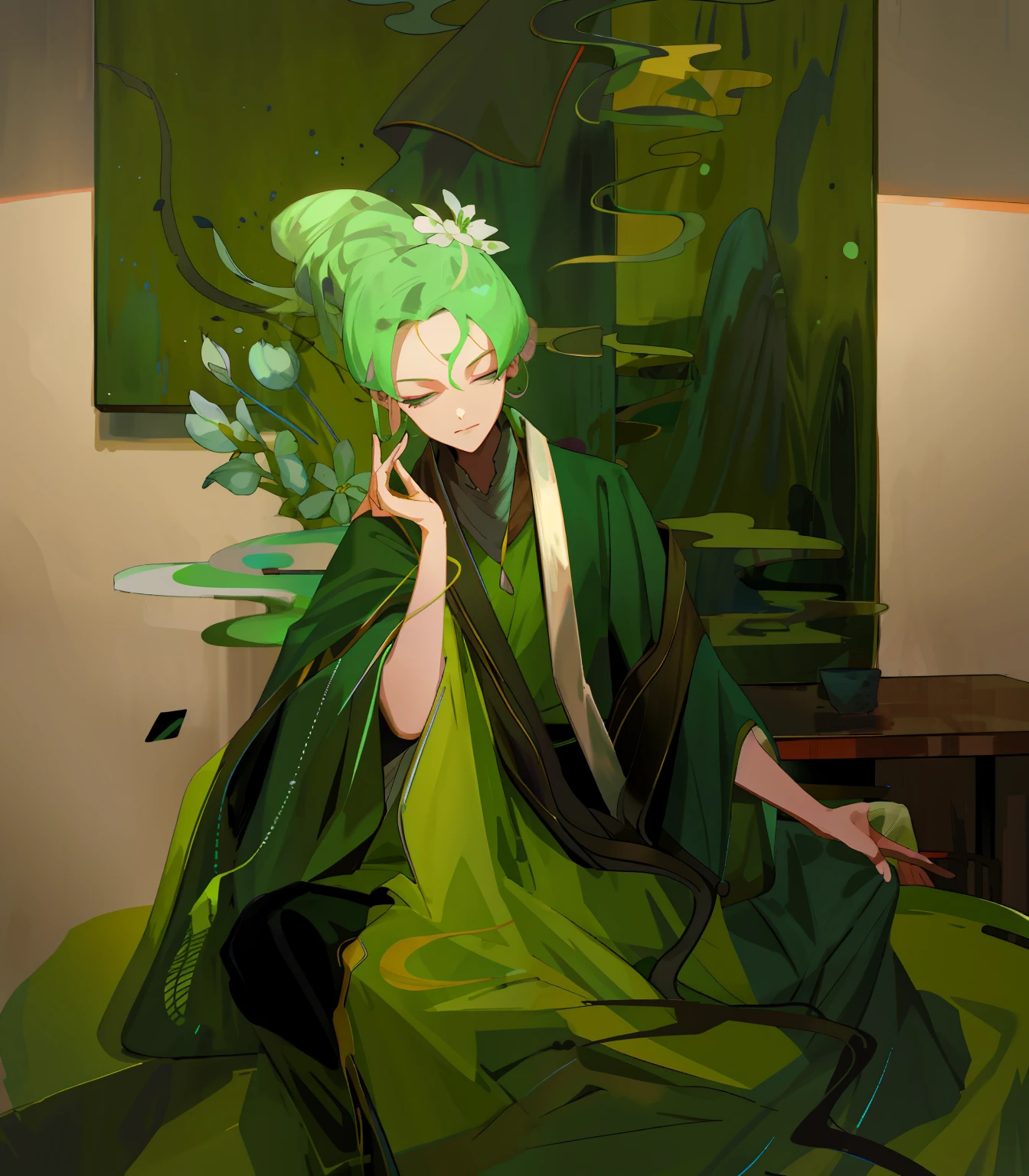 Painting a woman in a green dress sitting on a table