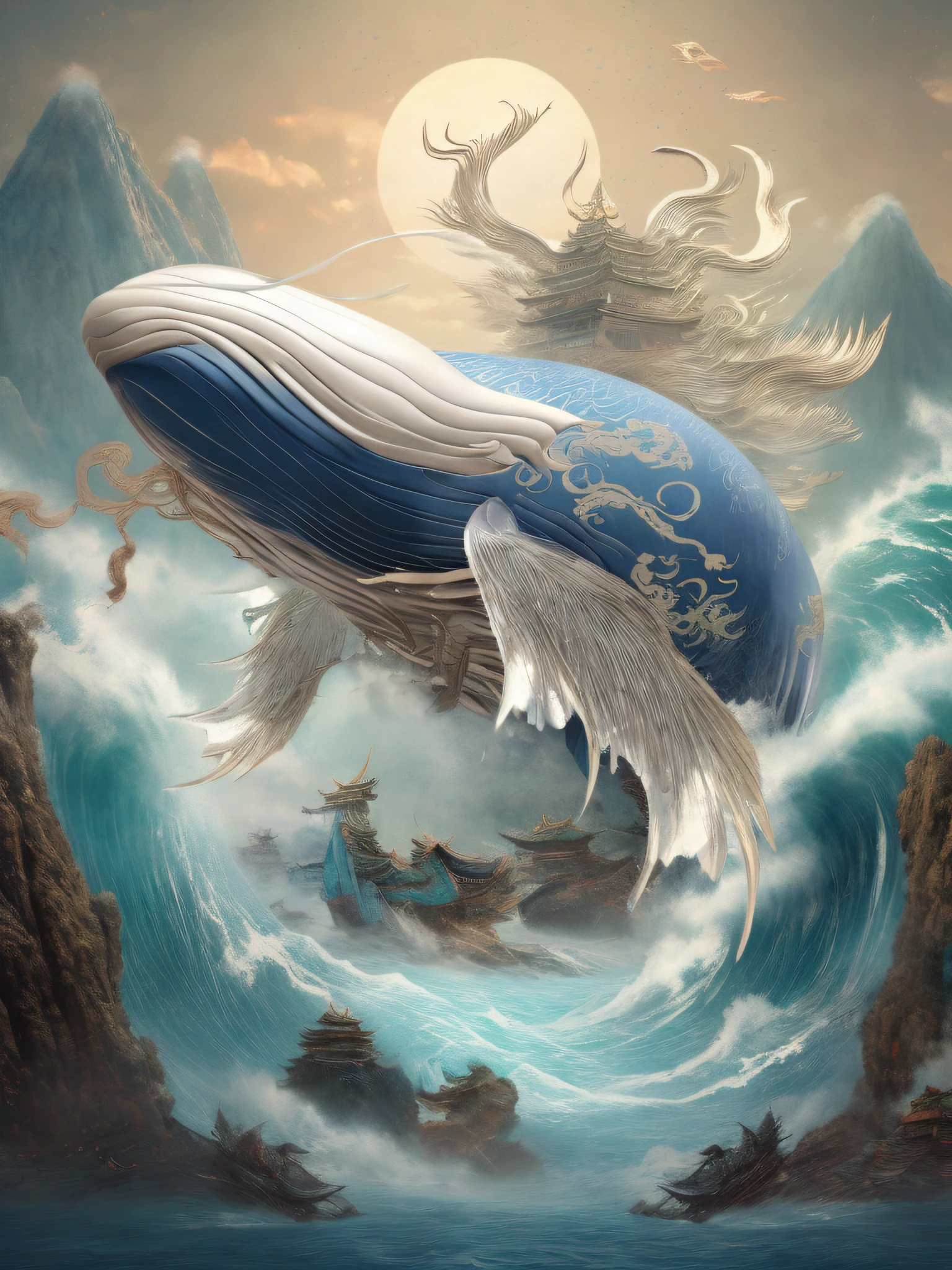 cg render,ancient Chinese style mythology,Mountain and Sea Sutra,Kunpeng, The body of a whale,fin,massive wings,scutes,There are antennae on the head,Flying gesture,Greatwave,Mountain call tsunami background, Surrealist works,8K,tmasterpiece,Ultra high quality,Textured skin,Ultra photo realsisim,