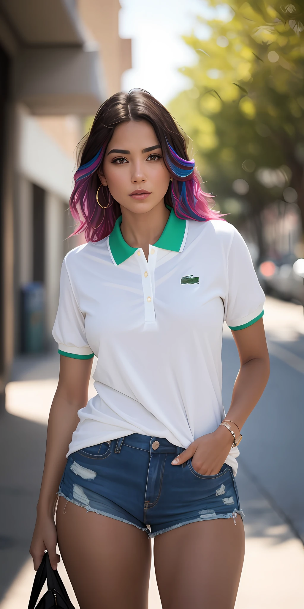 Beautiful Latina college student, cabelo escuro, corpo inteiro, in basic clothing ((Camiseta (camiseta) de inteira da Lacoste)), (pernas a mostra), nylon curto, do lado de fora na rua, ((magro, pequeno)), fotografiarrealista, fotografia, obra-prima, realista, Realismo, renderizado, Alto contraste, digital art, photographicrealistic, trending on Artstation 8k HD, high definition, detailed, realistic;, detalhada, textura da pele, hiperdetalhada, Textura realista da pele, armadura, melhor qualidade, ultra high-resolution, (fotografiarrealista: 1.4), alta resolução, detalhada, fotografia crua, sharp re, By Lee Jeffries Nikon D850 Film Stock Photography 4 Camera Kodak Portra 400 Lens F1.6 colors rich hyper realistic texture dramatic lighting unrealengine trend in artstation cinestill 800, RAW.