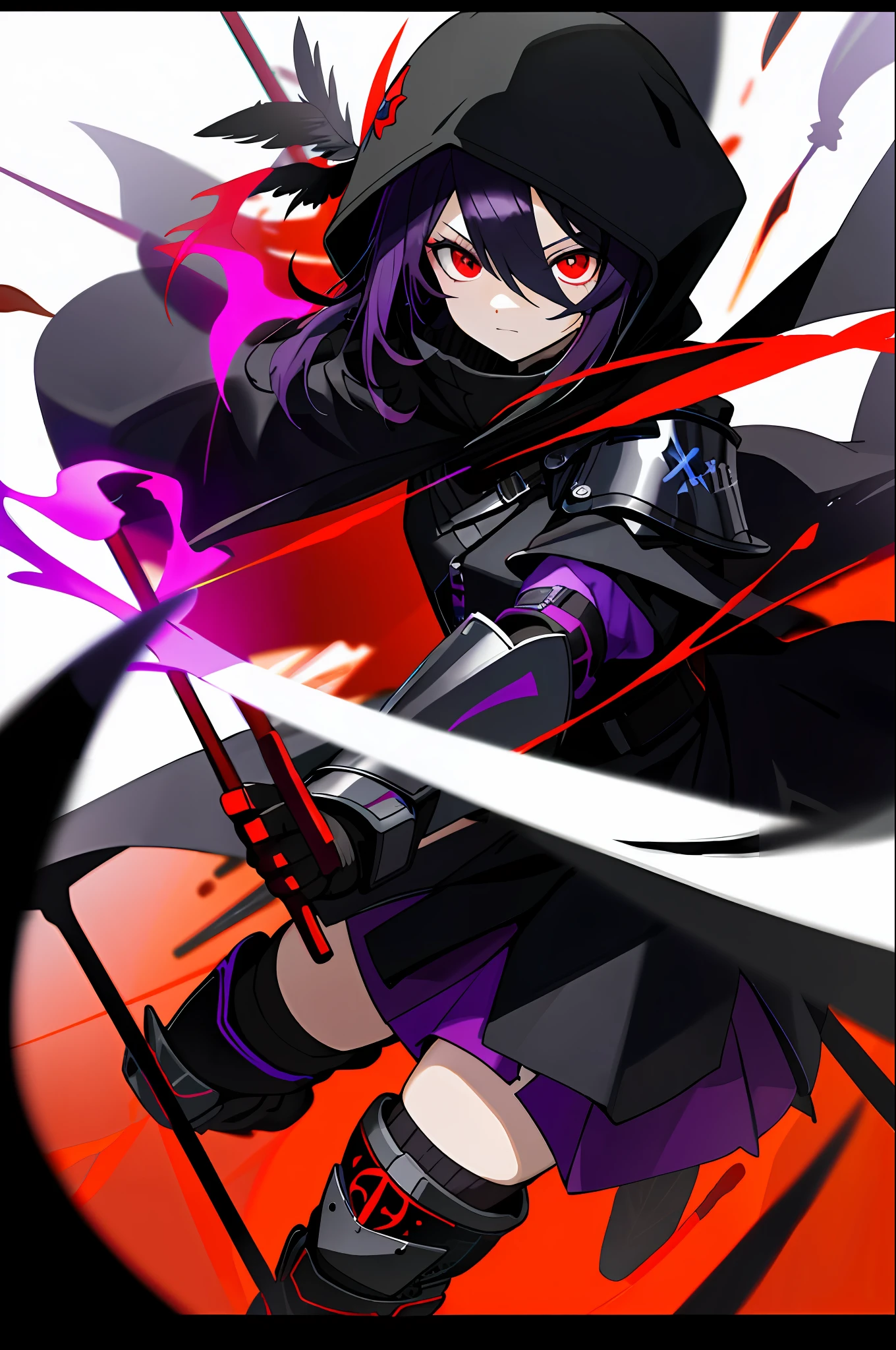 ((masterpiece, best quality, bright-red digital runes, drawing)), (solo girl, black wind hair cute detailed bright red eyes, black leather mask face:1.5, black chest armor and elbow armor, skirt:1.2, black inner clothes, knee pads, stockings, hooded black cloak), 
grim-reaper-girl swinging a purple bright digital runes chaos curse magic-scythe, black raven feathers,