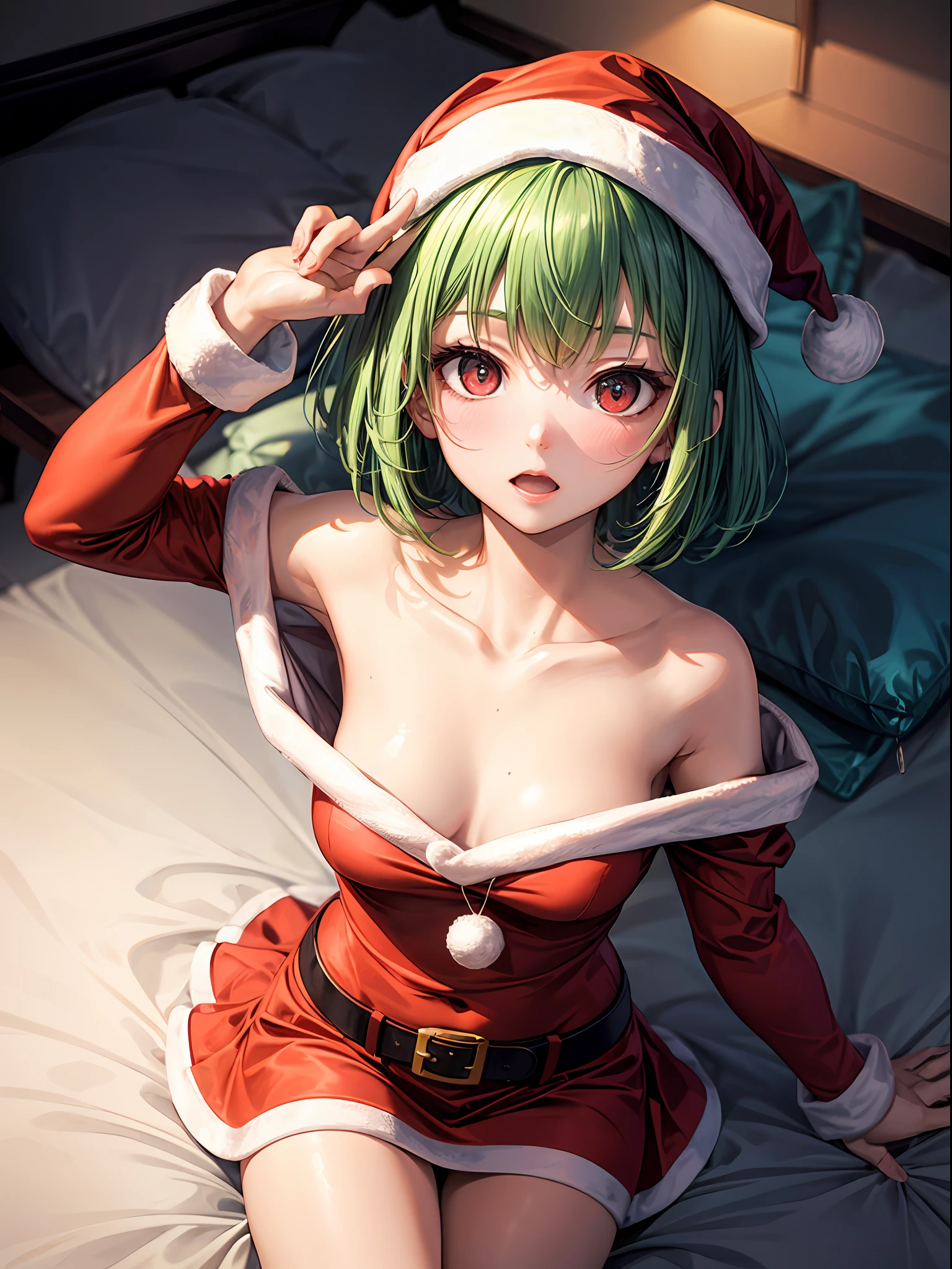 top-quality、1girl in,Green hair、Shorthair、Red Eyes、Red cheeks、a small face、light skinned、Shy gesture、Put your hands on your face、Santa Claus Cosplay:1.5、Red sleeves、Shoulder out:1.2、Constriction:1.1、Red miniskirt、beauty legs、View here、Angle from diagonally above、natta、Dark hotel room、Lying on your back on the bed:1.7、Background blur、masterpiece