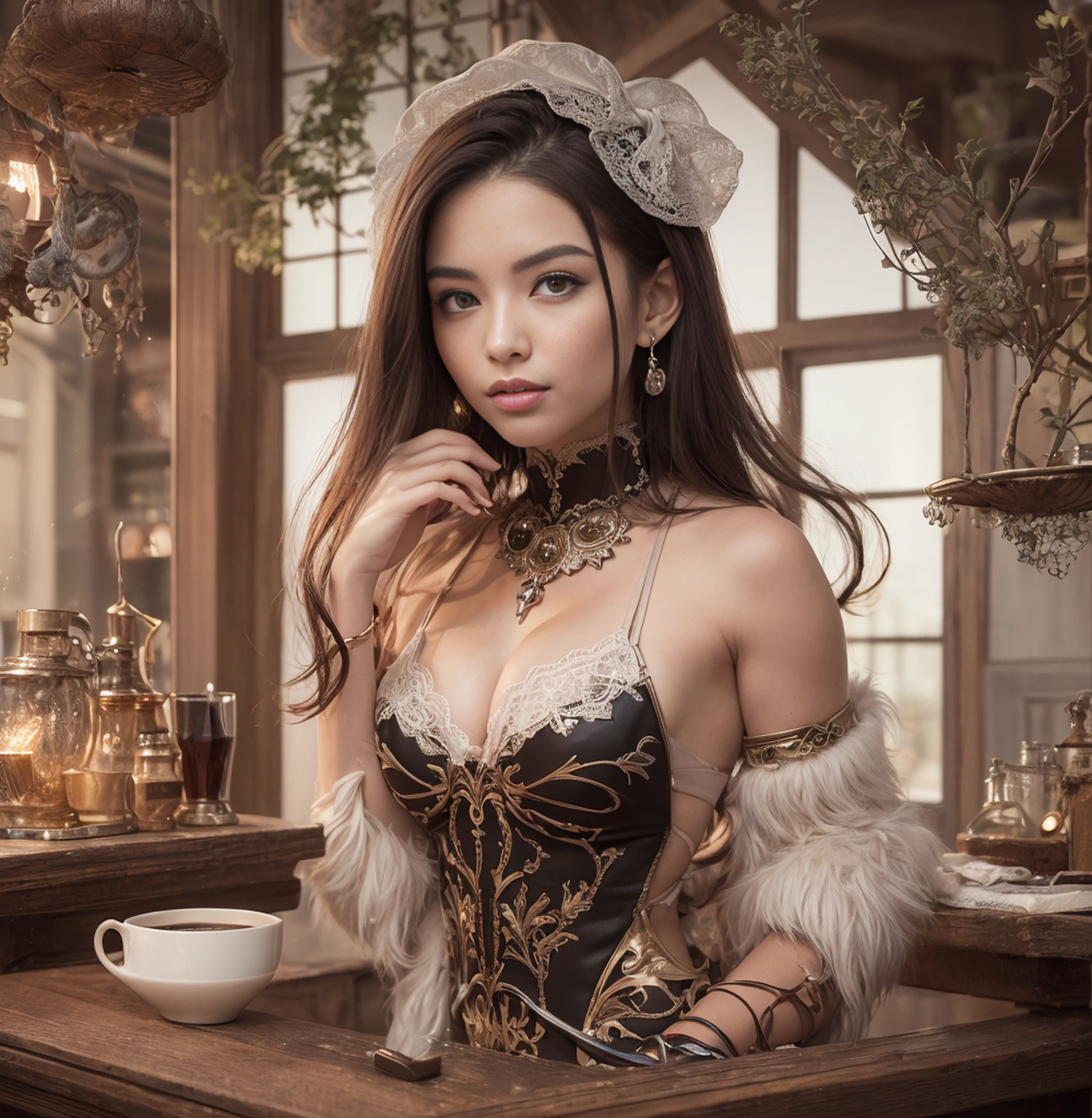 ((Best Quality)), ((masutepiece)), , Majestic and intricately detailed breaks,(Face in frame:1.2), Amazingly gorgeous woman with sensually beautiful details (big butt:0.8), (coffee shop:1.2, Wooden Bar Counter:1.2, Steampunk environment:1.2, the complex background:1.2), Long wavy hair, (Whitehead bow:1.2, Complex white mini dress with fluffy sleeves:1.2), (Perfect eyes:1.2), (Perfect hands:1.2), (Perfect fingers:1.2), (Perfect legs:1.2), (toned physique:1.2), High quality RAW photos, Hyper Detailed, Hyper realistic, Wonderful and beautiful, Hasselblad 35mm Lens, ISO 400, (lift up one's skirt:1.1), Medium full shot, Skin Tight, No_Underwear, Smiling, Text centered in the frame (Extremely detailed:1.3), (1girl in:1.2), inside in room, tree,plant, Trees, (a celestial compass guiding her path), Mystical and wondrous, BREAK Utilizing a wide-angle lens to capture the expansive sky, Added a touch of lens flare