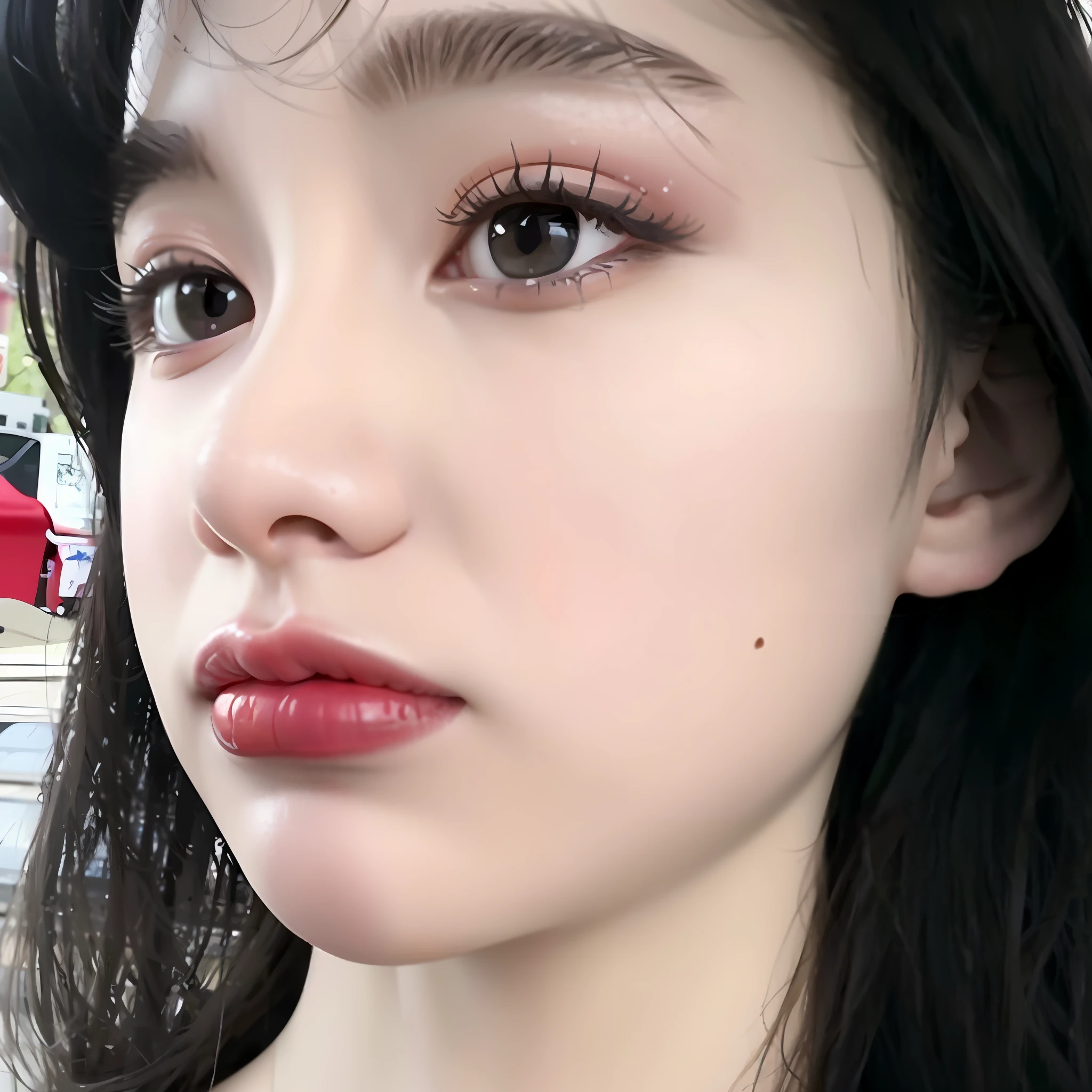 there is a woman with long black hair and a red lipstick, small lips pointy nose, wan adorable korean face, cute round slanted eyes, big round nose closed lips, 19-year-old girl, Small straight nose, with very thin lips, red round nose, young cute wan asian face, Korean face features, with small nose, pale round face