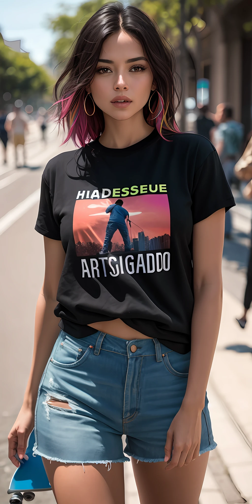 Mulher skateboarder, latina bonita, cabelo escuro, corpo inteiro, em roupa de skateboarder, (pernas a mostra), do lado de fora na rua, ((magro, pequeno)), fotografiarrealista, fotografia, obra-prima, realista, Realismo, renderizado, Alto contraste, arte digital, fotográficorealista, trend in Artstation 8k HD, High definition, circunstanciado, Realistic;, detalhada, textura da pele, hiperdetalhada, Textura realista da pele, armadura, melhor qualidade, ultra high-resolution, (fotografiarrealista: 1.4), alta resolução, detalhada, fotografia crua, sharp re, By Lee Jeffries Nikon D850 Film Stock Photography 4 Camera Kodak Portra 400 Lens F1.6 colors rich hyper realistic texture dramatic lighting unrealengine trend in artstation cinestill 800, .RAW.