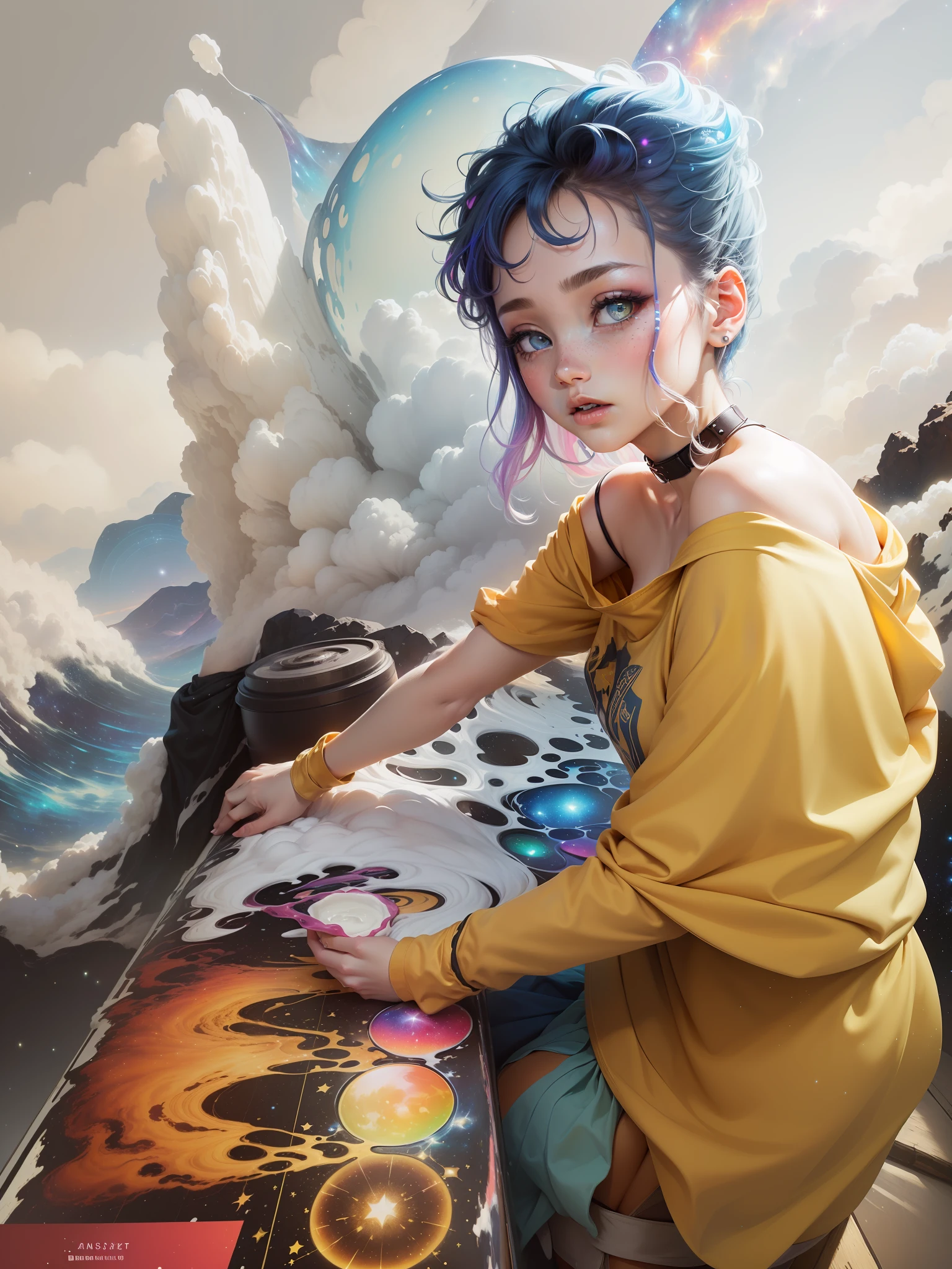 ((masterpiece)), (((best quality))), ((ultra-detailed)), ((illustration)),[realism light effect],shadow,(Fantasy style),(white background:1.6), simple background, (earth theme),(a cloak)[(hair focus,((1girl)),[(big slime hair): (cloud hair):0.3], (hair on background),(high saturation),(hair surrounded by galaxy splashes),)):((her hair is becoming galaxy clouds,:1.27628), (hair and clothes is galaxy clouds and cluster of stars:1.1025),(a cloak is becoming galaxy clouds)(colorful_galaxy_print_clusters_of_stars_print:1.35),((detailed starry sky with colorful galaxy and galaxy clouds):1.2)):0.35], (((masterpiece))),(((best quality))),((ultra-detailed)),(illustration),(dynamic angle),((floating)),(paint),((disheveled hair)),((beautiful detailed face)),collar,bare shoulders, ((colorful hair)),((streaked hair)),beautiful detailed eyes,(Gradient color eyes),(((colorful eyes))),(((colorful background))),(((high saturation))),(((surrounded by colorful splashes))),(((surrounded by colorful dot))),colorful bubble,((shining)),