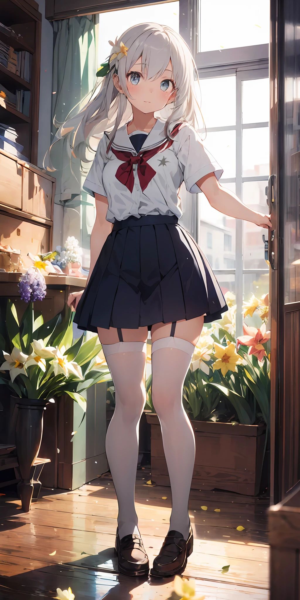 1girl, beautiful detailed eyes, long white hair, light grey eyes, school uniform, high white stocking, vivid, flower, daffodil, hyacinth, falling petals, , high contrast, ((masterpiece, best quality)), cinematic light, cinematic composition