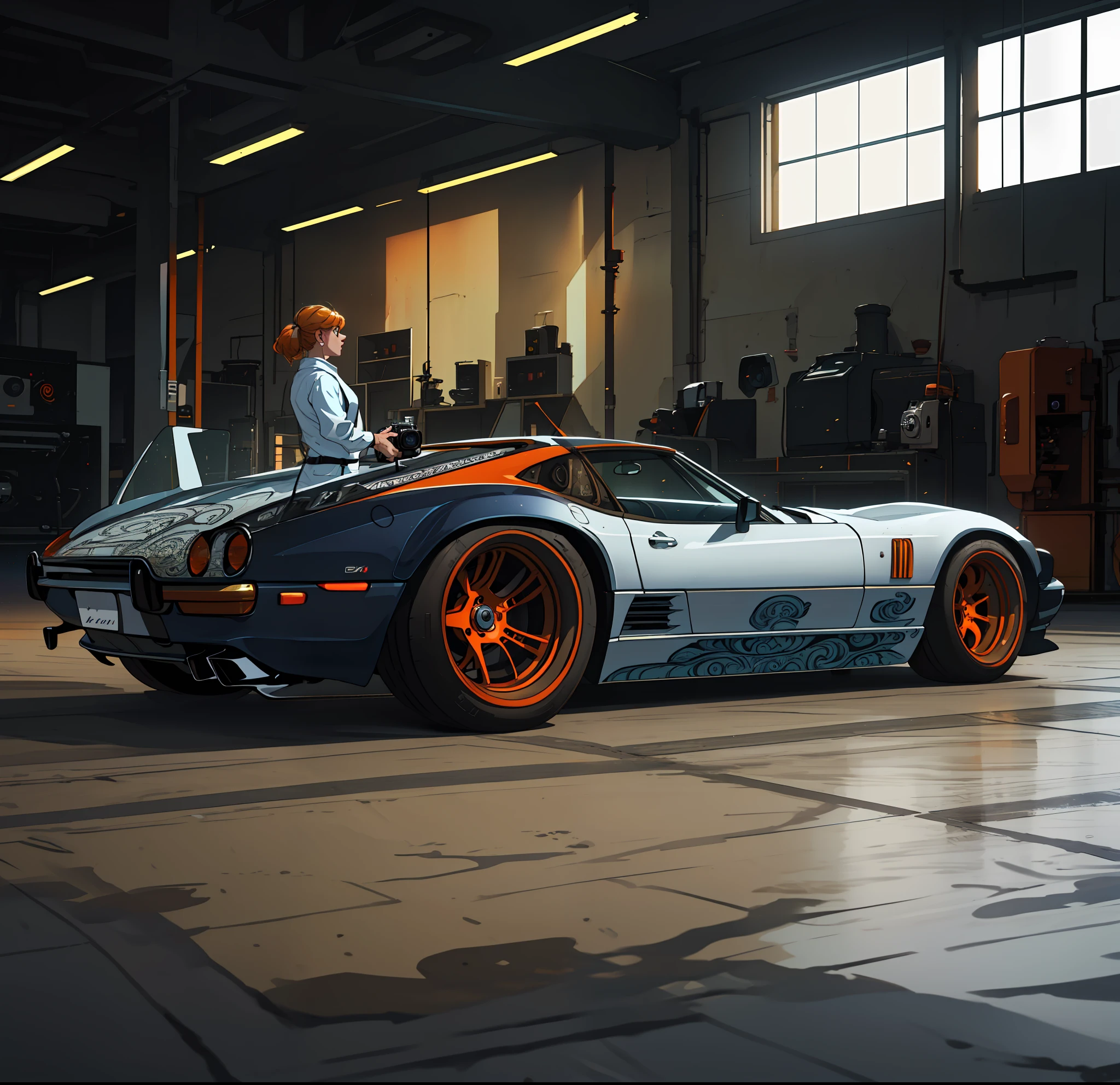 (masterpiece)+, (Best Quality)+, (Intricate Detail)+, design me the most beautiful car in the world, white paint with orange effect highlights, showroom concept, lens flare, camera artefact, professional photographer, 4k, HDR, longitudinal symmetry