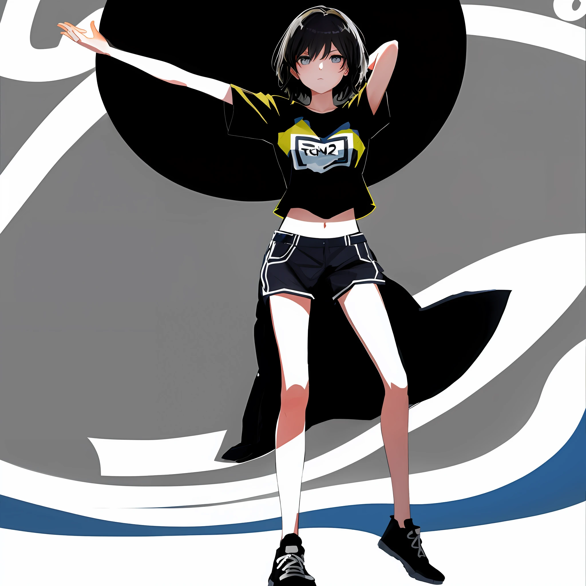 1girl,Solo,T-shirt,Short hair,Expressionless,open hand