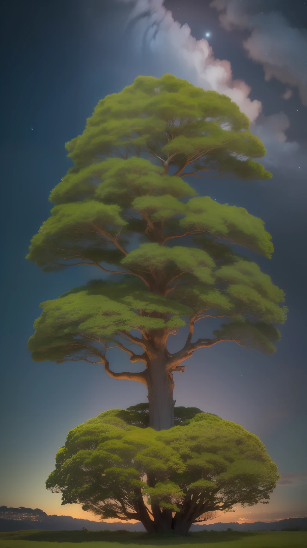 One very huge tree、overgrown with greenery、nigh sky、starrysky、Many people looking up at the sky、Distant angles、Overall view、nobara、colorful flower々、Photorealsitic、8K、Detailed Focus、Clean lighting