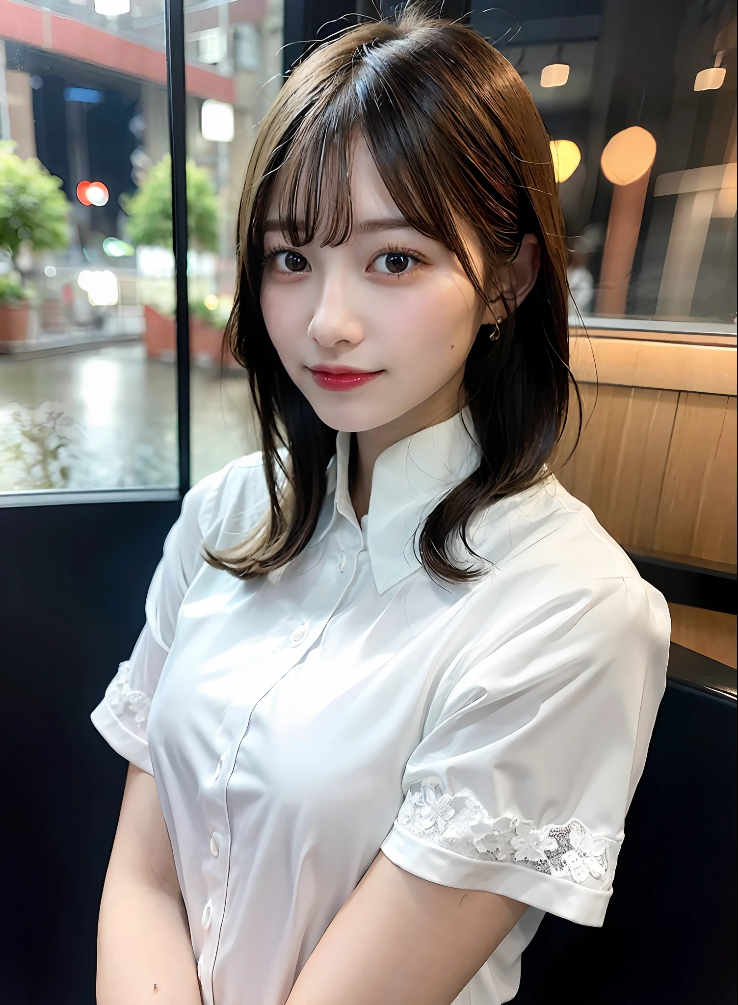 (8k, Best Quality, Masterpiece: 1.2), (Realistic, Photorealistic: 1.37), Super Detailed, 1 Girl, Cute, Alone, Beautiful Detailed Sky, Detailed Cafe, Night, Sitting, Date, ( Nose blush), (smile: 1.15), (close mouth) small breasts, beautiful details, (collared shirt: 1.1), night, wet, business wear, rain, white lace, (short hair: 1.2), floating Hair NovaFrogStyle,