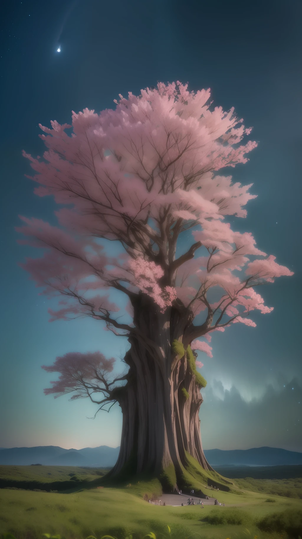 One very huge tree、overgrown with greenery、nigh sky、starrysky、Many people looking up at the sky、Distant angles、Overall view、nobara、colorful flower々、Photorealsitic、8K、Detailed Focus、Clean lighting
