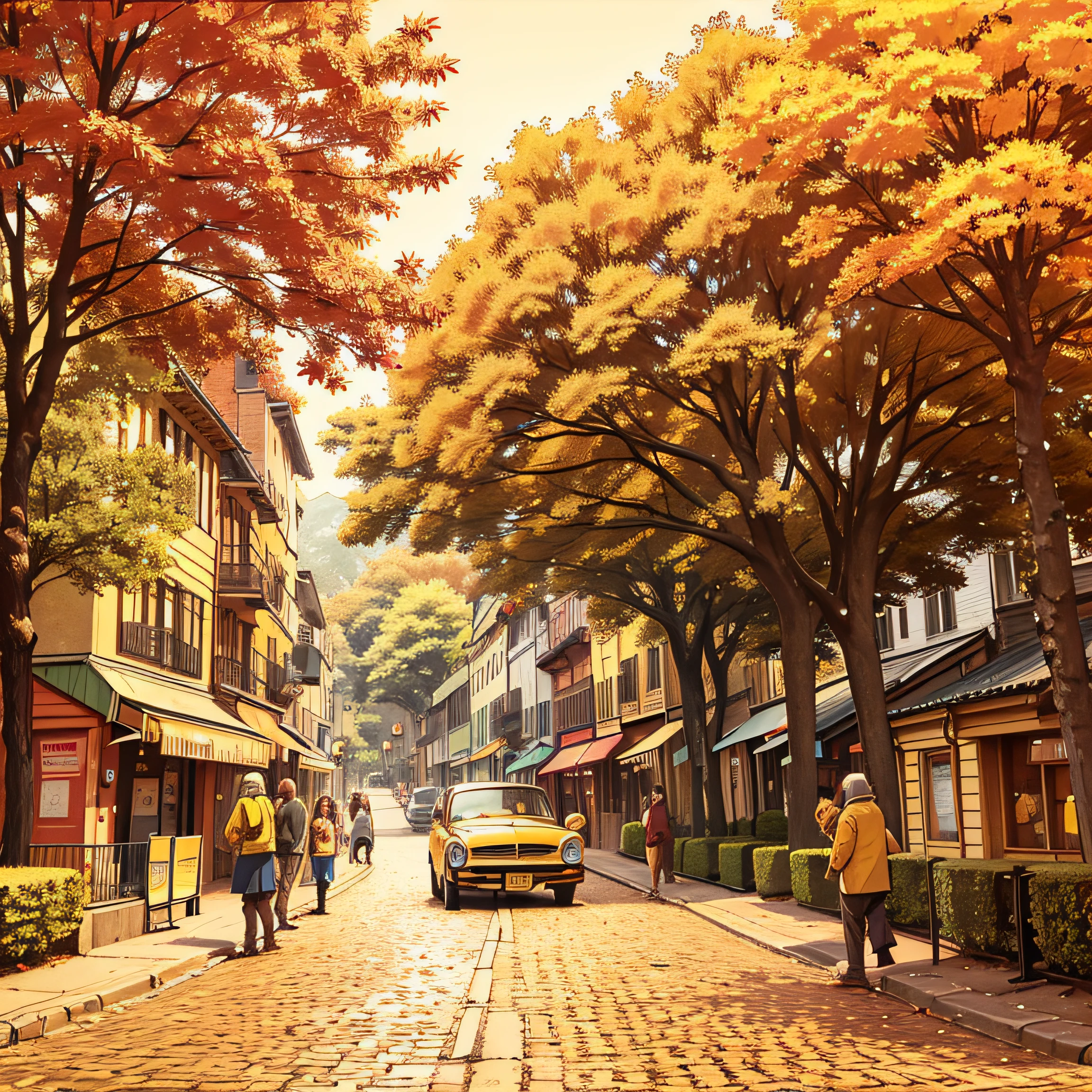 autumnal,the street,with people coming and going,nostalgia,falling leaf,Retro,yellow tint --auto