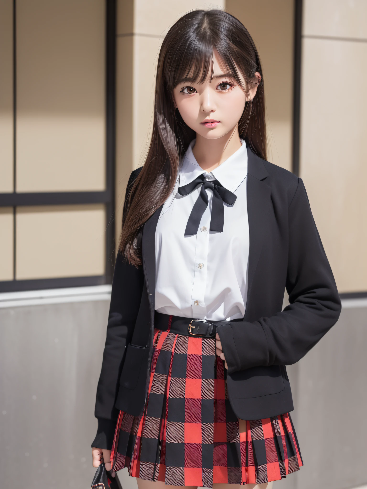 (8K、Raw photography、top-quality、​masterpiece:1.2)、(realisitic、Photorealsitic:1.37)、ultra-detailliert、超A high resolution、(Solo Japan Women)、hi-school girl、(with round face)、long eyeslashes、Beautiful black eyes、校服、((plaid skirts))、Uniform Ribbon