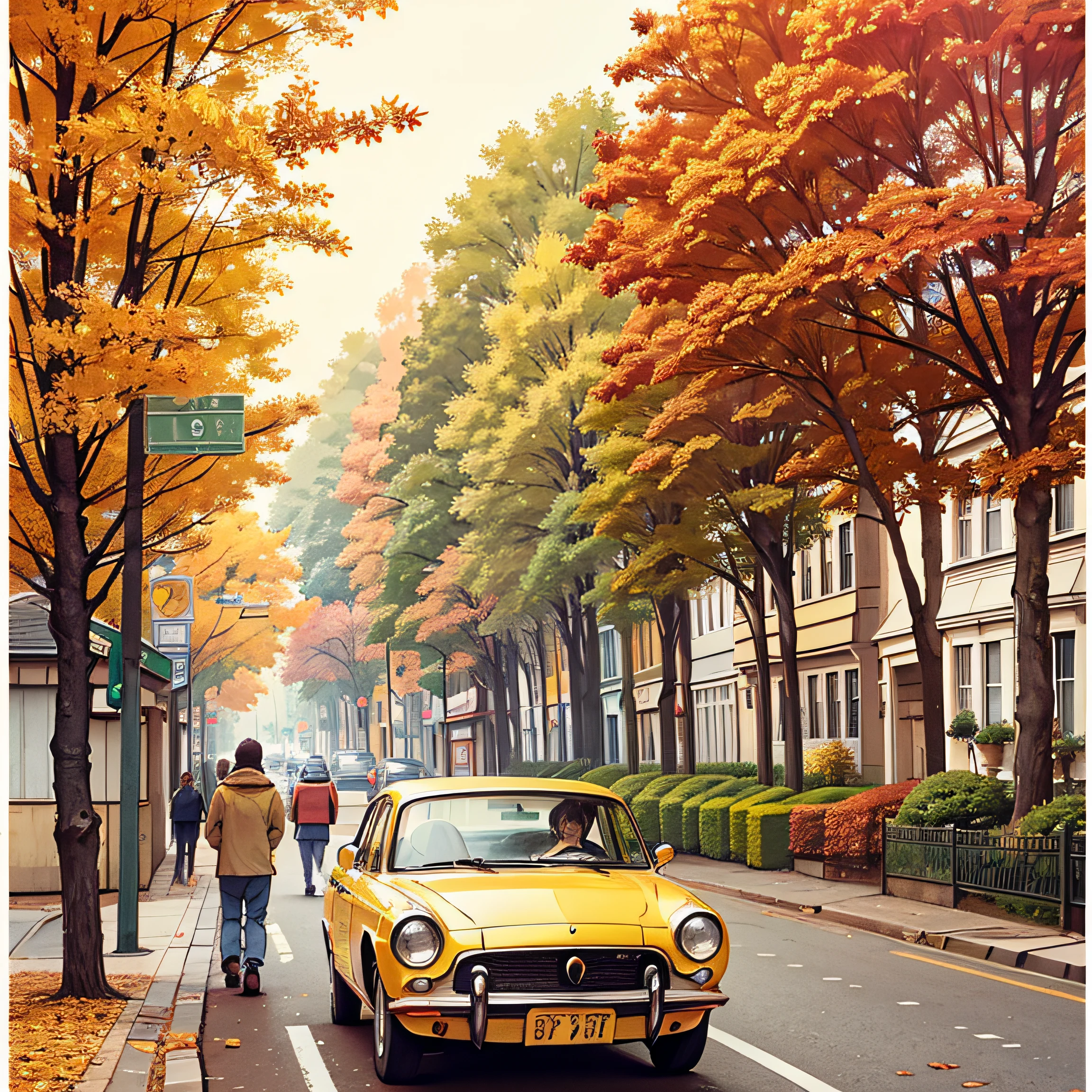 autumnal,the street,with people coming and going,nostalgia,falling leaf,Retro,yellow tint --auto