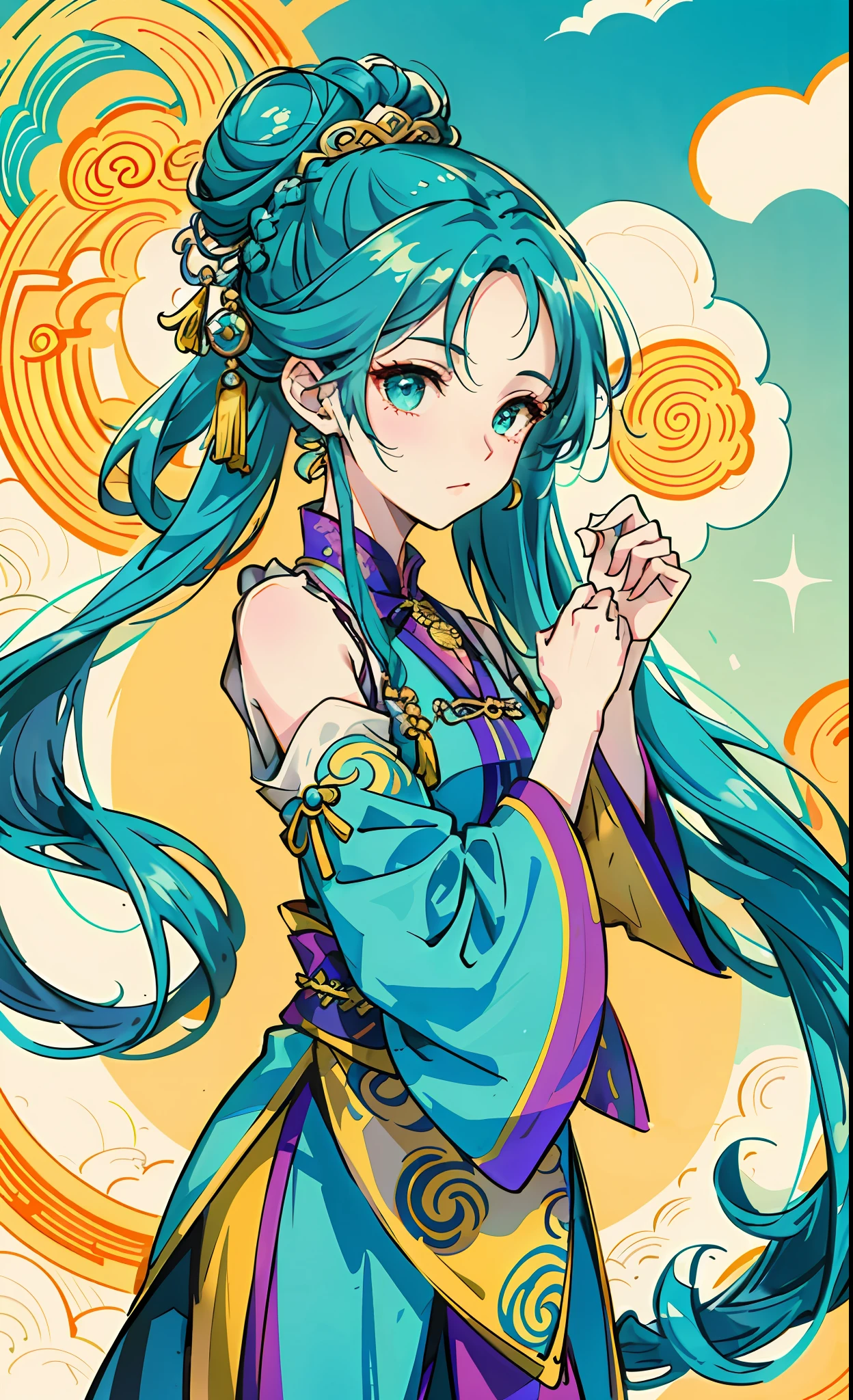 National style girl,Intricate damask hanfu,He coiled his hair into a bun,Head,Gorgeous accessories suitable for the wearer,Youth and liveliness,Turquoise themed art style,The background is the stacking of magic arrays。Liu Yifei,Liu Yifei,Liu Yifei。超高分辨率,realisticlying,Best picture quality