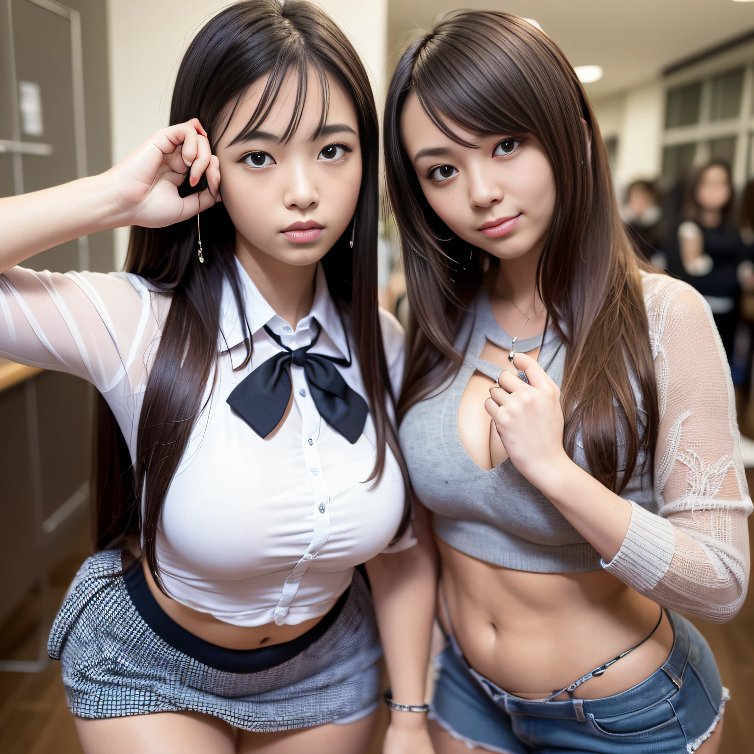 ((Top Quality, 8k, Masterpiece: 1.3)), Perfect Body Shape: 1.4, (Big: 1.2), Highly Detailed Face and Skin Texture, Detailed Eyes, High School Student, Uniform, Blouse, Miniskirt, (Pose at School: 1.2), 1girl, Cinematic, Full Body, Japan Goddess, Long Hair, Smile, There Are Students, People Are Being Watched, Waist Wriggling Pose