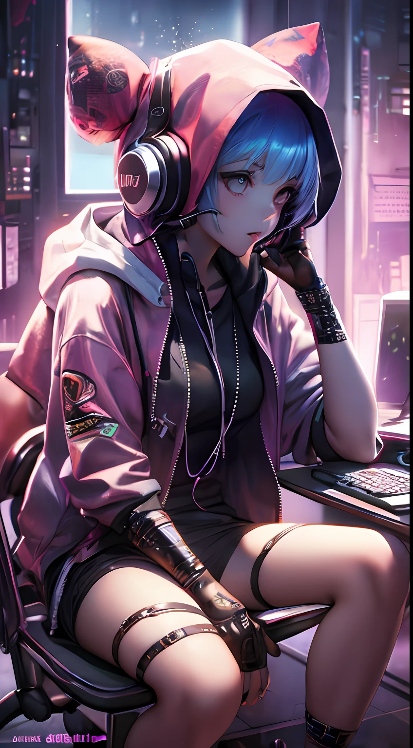 Masterpiece, Best Illustration, Solo, 1 Girl, Seated, Bun, Keyboard \ (Computer \), Headphones, Computer, Monitor, Hood, Jacket, Mechanical Mask, Hood Down, Chair, Headphones, Cyberpunk City, Color Detail, Rainbow Color BREAK, \((Best Quality of Masterpiece\)\), 4K, Ultra Detail, Detailed Lighting
