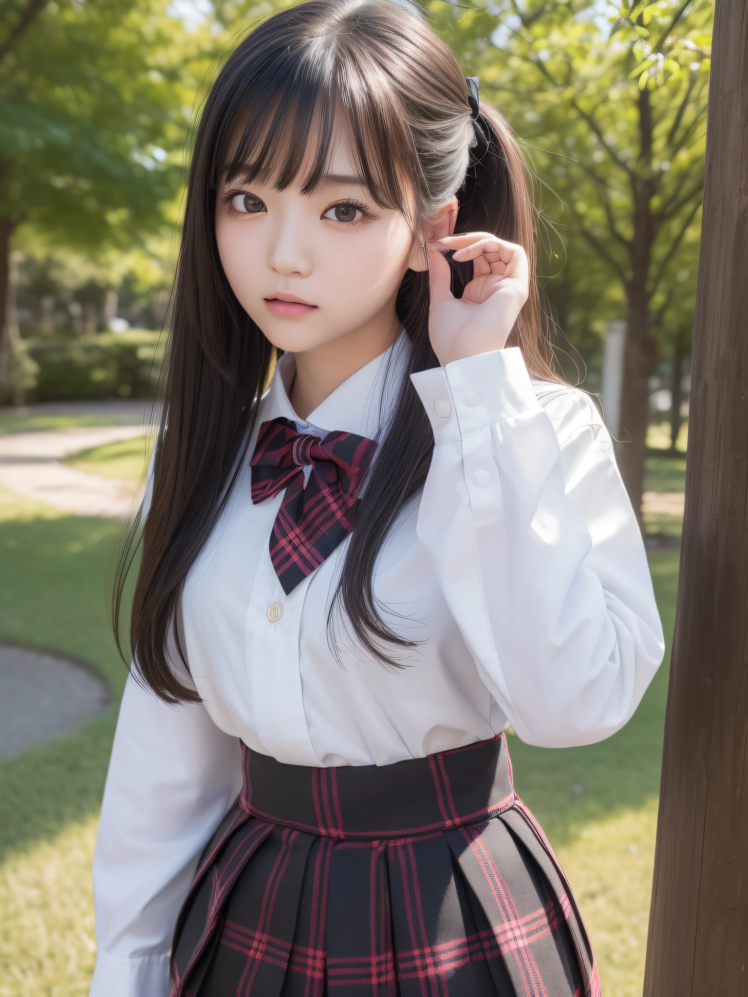 (8K、Raw photography、top-quality、​masterpiece:1.2)、(realisitic、Photorealsitic:1.37)、ultra-detailliert、超A high resolution、(Solo Japan Women)、hi-school girl、(with round face)、long eyeslashes、Beautiful black eyes、校服、((plaid skirts))、Uniform Ribbon