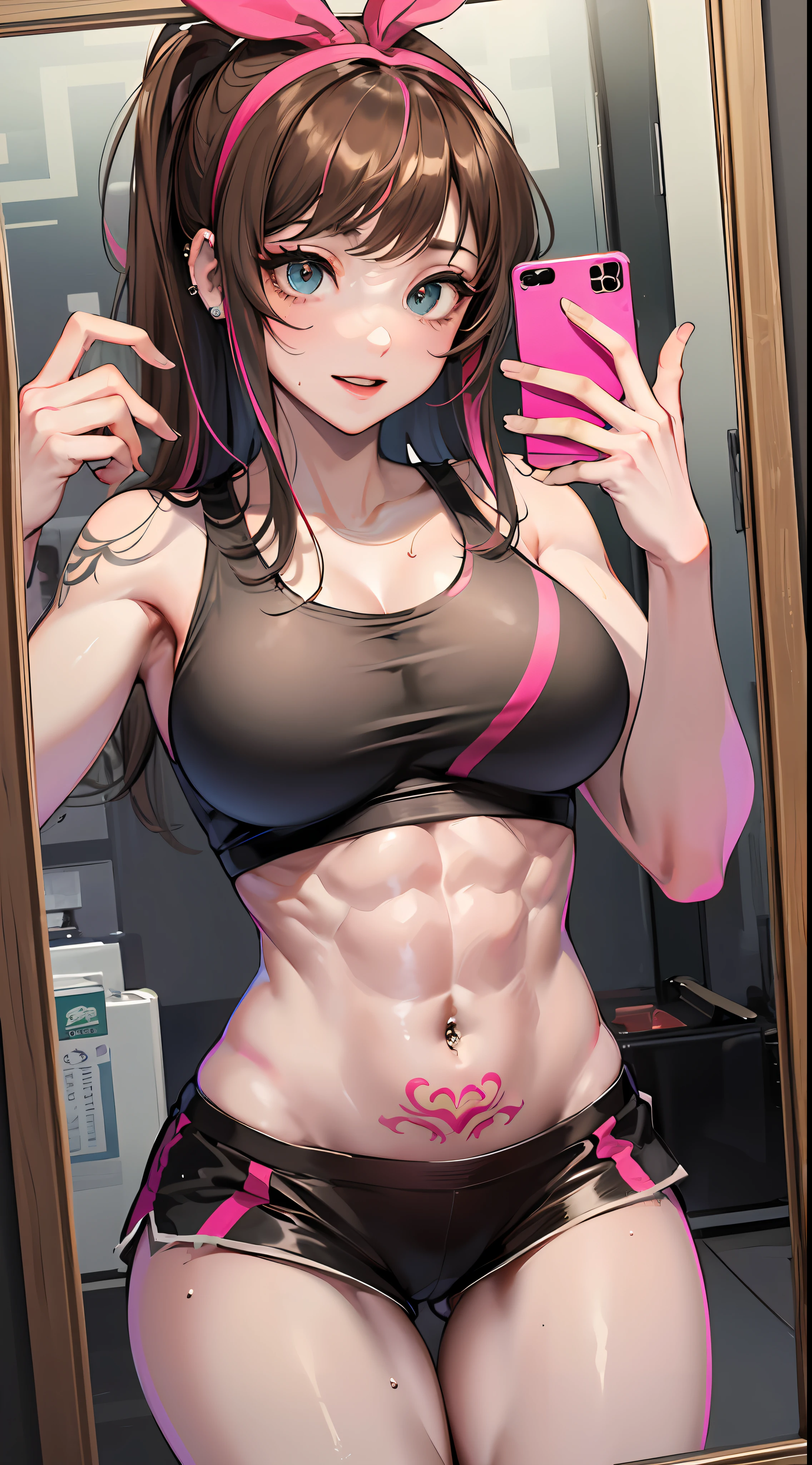 (Best quality, 8k, 32k, Masterpiece, UHD:1.2), kizuna ai, huge breasts,long hair, brown hair, multicolored hair, hair tied, pink hairband, pink highlights, streaked hair, smiling, pink sports bra, black jogging pants, navel,  muscular abs, six packs, navel piercing, thong panties,  sweaty armpits, short shorts, thick thighs, muscular arms, weightlifting, tattoos, posing, mirror selfie, holding phone, bare thighs, muscular abs, tattoo on stomach