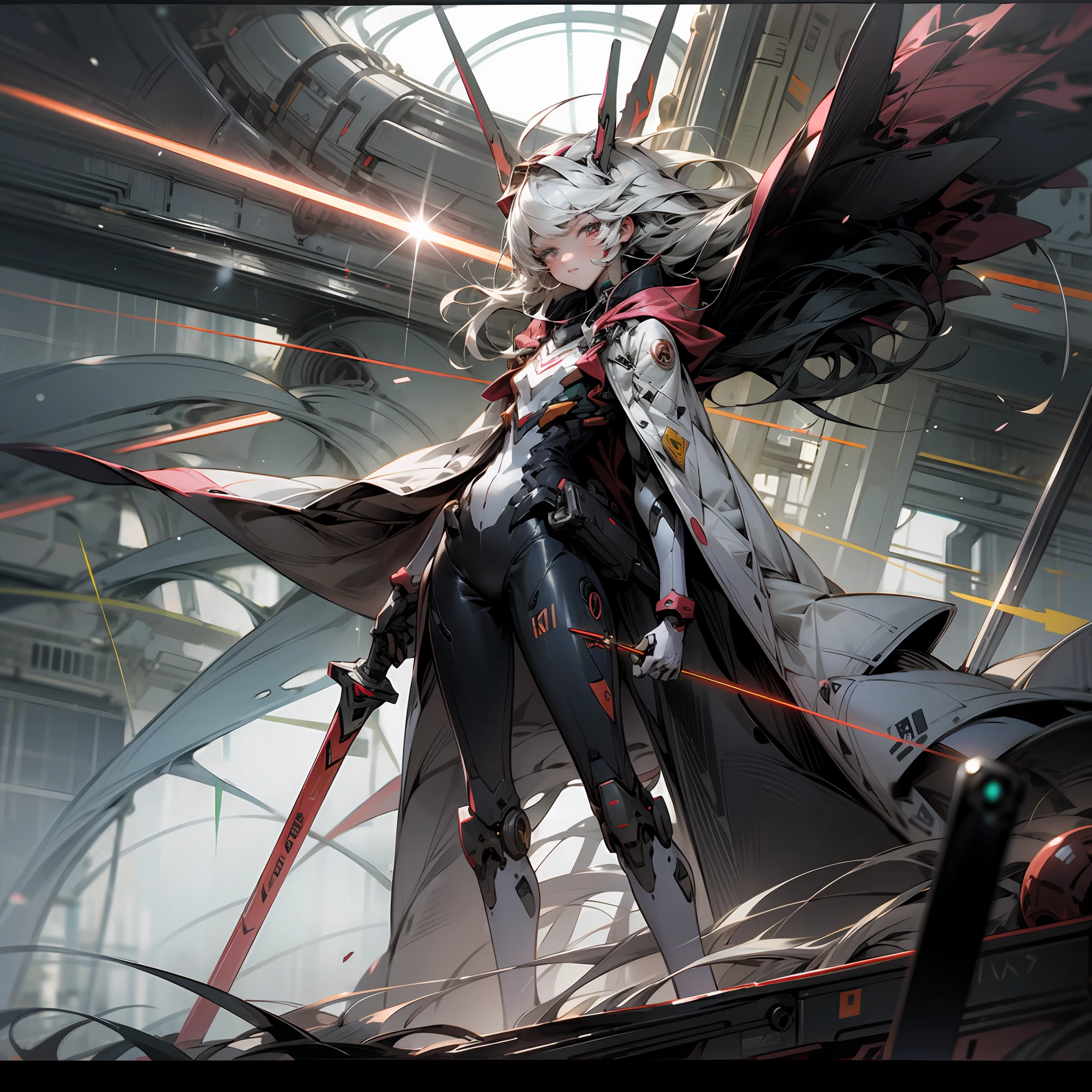 Eva 02，teens girl，Cloak，quadratic element， evangelionmecha， scientific fiction， looki at viewer， （offcial art， best qualtiy， tmasterpiece： 1.2）， illustration， A high resolution， beautiful abstract background， A futuristic， Manhwa Style,mechs，handheldweapons，lightsabers，depth of fields，wide angles， --auto