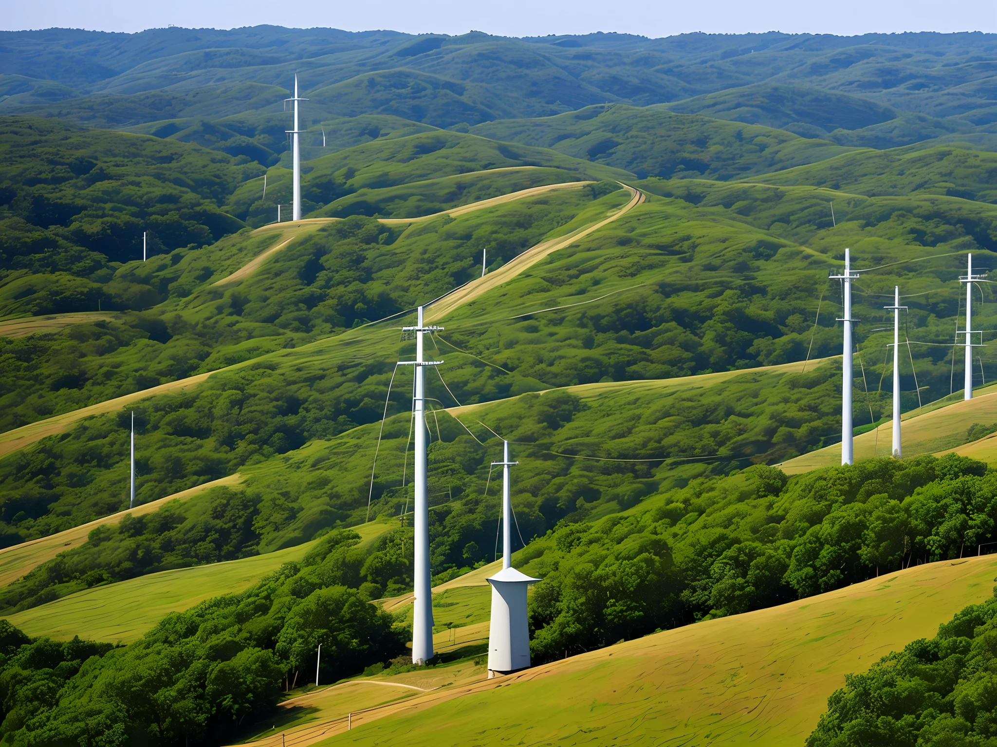 A small undulating hill，There are four high-voltage power line towers