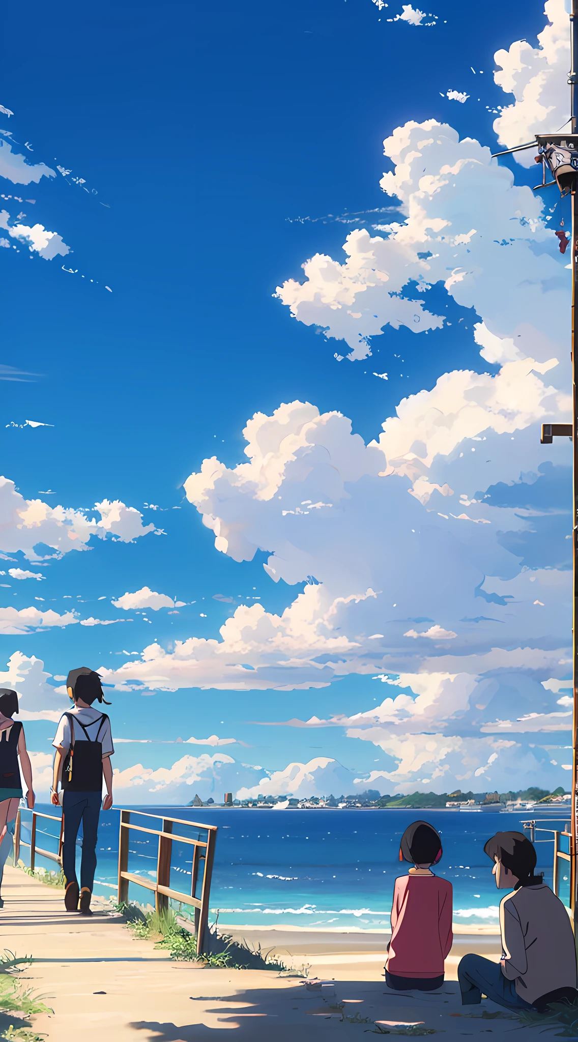 8k hdr,Looking out to sea from the beach,There are people on the beach,Faraway view,Studio Ghibli Sky,Studio Ghibli view,Ghibli Studio Environment,Studio Ghibli Sunshine,Detailed view – width 672,in style of hayao miyazaki,author:hiyao miyazaki,Beautiful fluffy clouds,anime big breast,author:hiyao miyazaki,studio ghibli composition