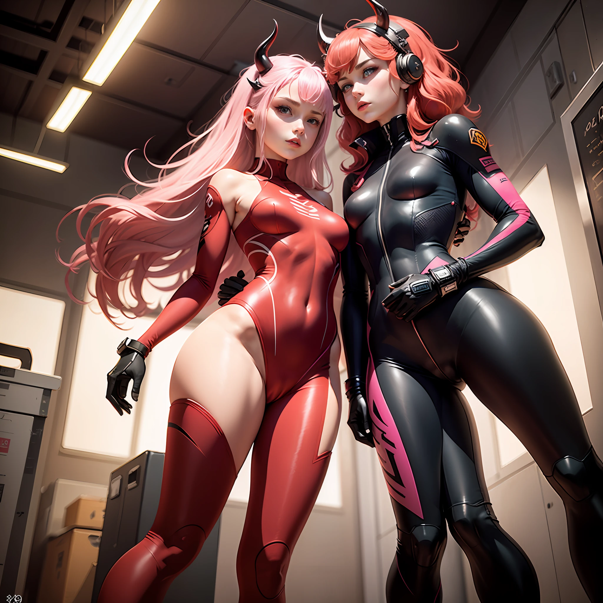 02,A pink-haired,Red full-body tight combat suit,red color eyes,The head has two small red horns,a beauty girl,quadratic element,The finest details,Highest quality,tmasterpiece,Look into the distance --auto