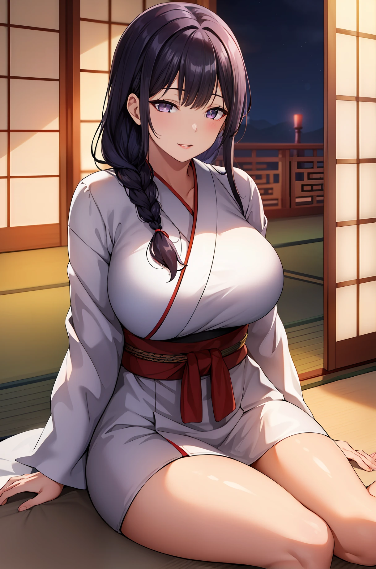 (Night:1.7), east asian architecture,
sitting at attention,sitting on Tatami,
White_kimono,
black_hair, long_hair, hair_pulled_back,parted_lips,purple_eyes, braid,
1 girl, Manga,20yo,mature female,Beautiful Finger,Beautiful long legs,Beautiful body,Beautiful Nose,Beautiful character design, perfect eyes, perfect face,
looking at viewer,(innocent_big_eyes:1.0),(Light_smile:1.0),
official art,extremely detailed CG unity 8k wallpaper, perfect lighting,Colorful, Bright_Front_face_Lighting,
(masterpiece:1.0),(best_quality:1.0), ultra high res,4K,ultra-detailed,
photography, 8K, HDR, highres, absurdres:1.2, Kodak portra 400, film grain, blurry background, bokeh:1.2, lens flare, (vibrant_color:1.2)
(Beautiful,large_Breasts:1.4), (beautiful_face:1.5),(narrow_waist),