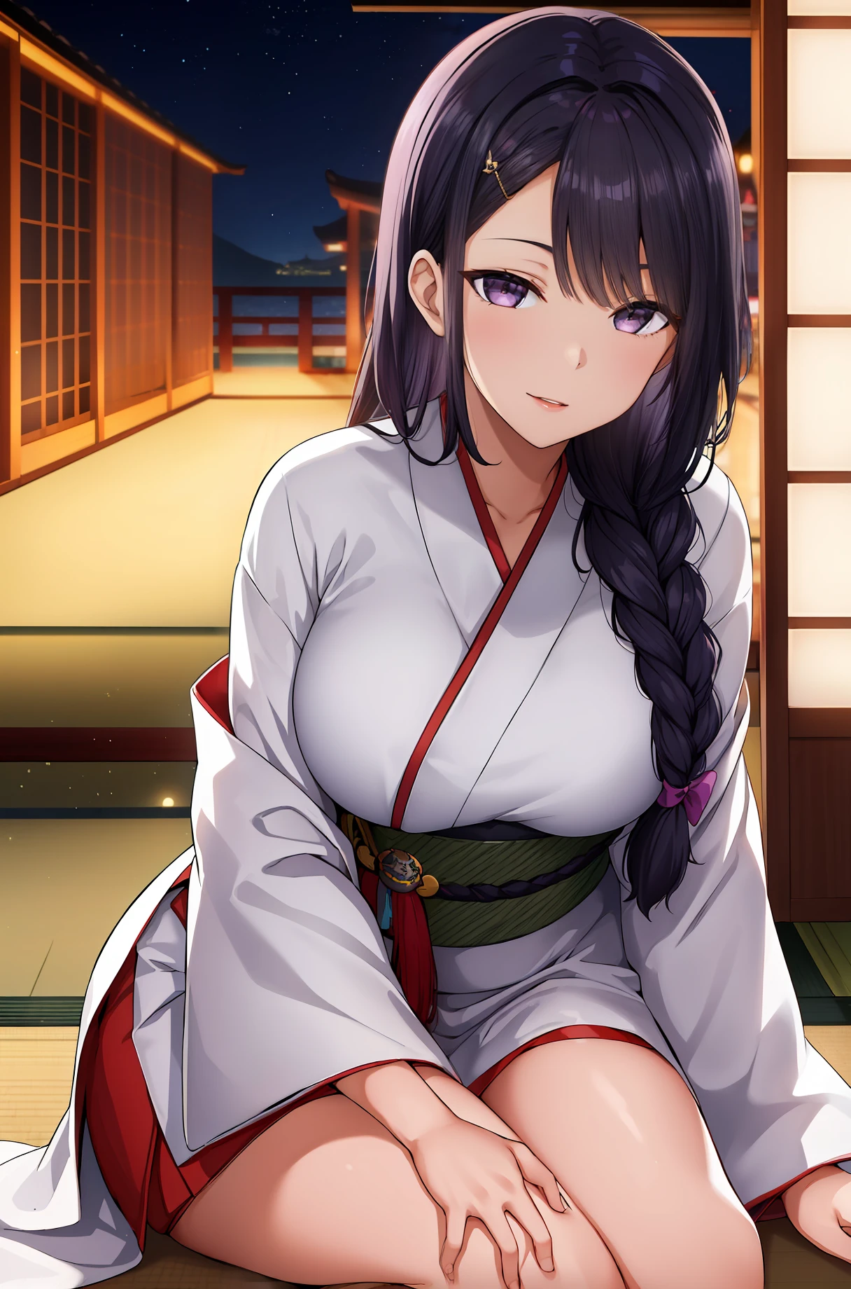 (Night:1.7), east asian architecture, 
sitting at attention,sitting on Tatami,
White_kimono,
black_hair, long_hair, hair_pulled_back,parted_lips,purple_eyes, braid,
1 girl, Manga,20yo,mature female,Beautiful Finger,Beautiful long legs,Beautiful body,Beautiful Nose,Beautiful character design, perfect eyes, perfect face,
looking at viewer,(innocent_big_eyes:1.0),(Light_smile:1.0),
official art,extremely detailed CG unity 8k wallpaper, perfect lighting,Colorful, Bright_Front_face_Lighting,
(masterpiece:1.0),(best_quality:1.0), ultra high res,4K,ultra-detailed,
photography, 8K, HDR, highres, absurdres:1.2, Kodak portra 400, film grain, blurry background, bokeh:1.2, lens flare, (vibrant_color:1.2)
(Beautiful,large_Breasts:1.4), (beautiful_face:1.5),(narrow_waist),