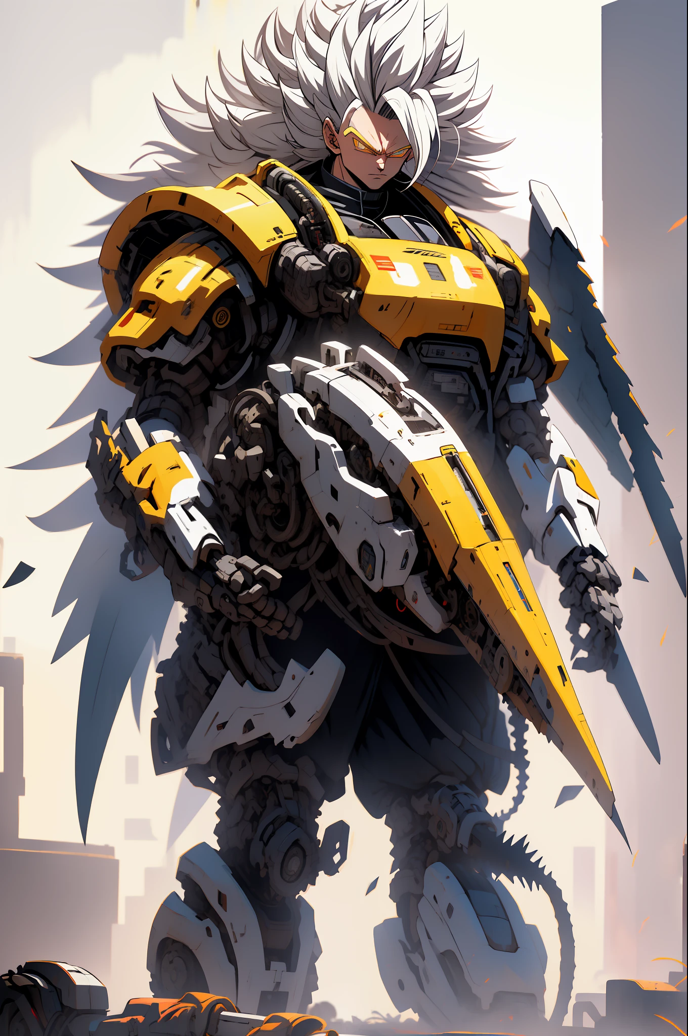 Highly detailed, High Quality, Masterpiece, beautiful, SuperSaiyan, 1boy, solo, cowboy shot, with long pointy horns , super saiyan, spiked hair, aura, electricity, gigachad, (long hair:1.2), white hair, wearing a cybernetic mecha armor with jet laser wings , with mechanical chainsaw