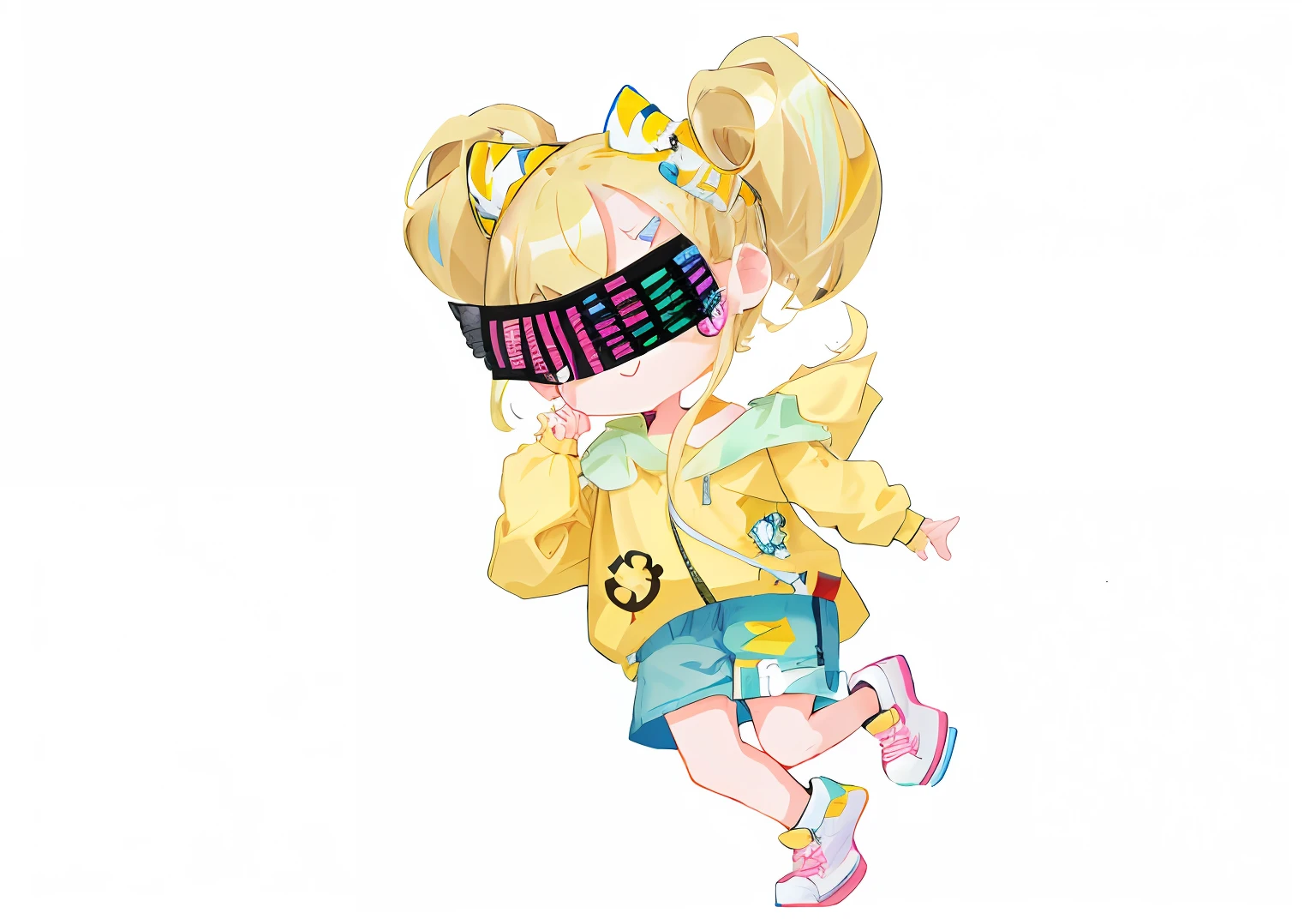 Cartoon girl with blonde hair and yellow sweatshirt and blue shorts, Loli, raver girl, Girl, e - girl, E-Girl, kawaii playful pose of a dancer, glitchpunk girl, raver girl, advanced digital chibi art, Official artwork, Cartoon style illustration, chibiStyle, lofi-girl, kda, Blonde girl, the anime girl is running，ssmile，adolable，There is a bow on the top of the head