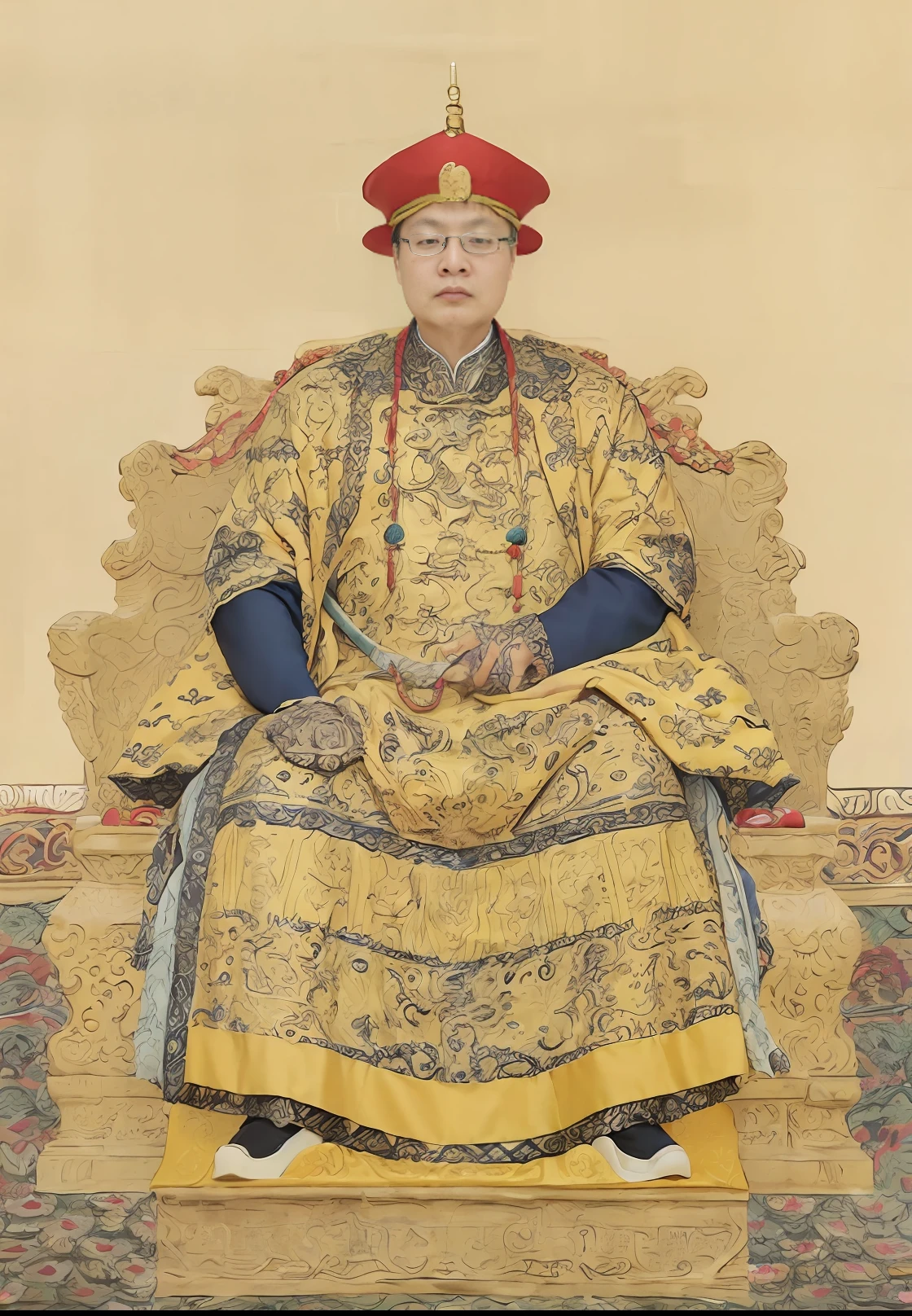 A close-up of a painting of a man sitting in a chair, Qing dynasty, royal emperor, seated in royal ease, king in yellow, by Xuande Emperor, qing dynasty painting, portrait of emperor of mankind, Bearded man sitting on a throne, wearing fancy clothes, imperial portrait, portrait of a king, Emperor, wearing ornate silk clothes, Wearing ancient Chinese clothes