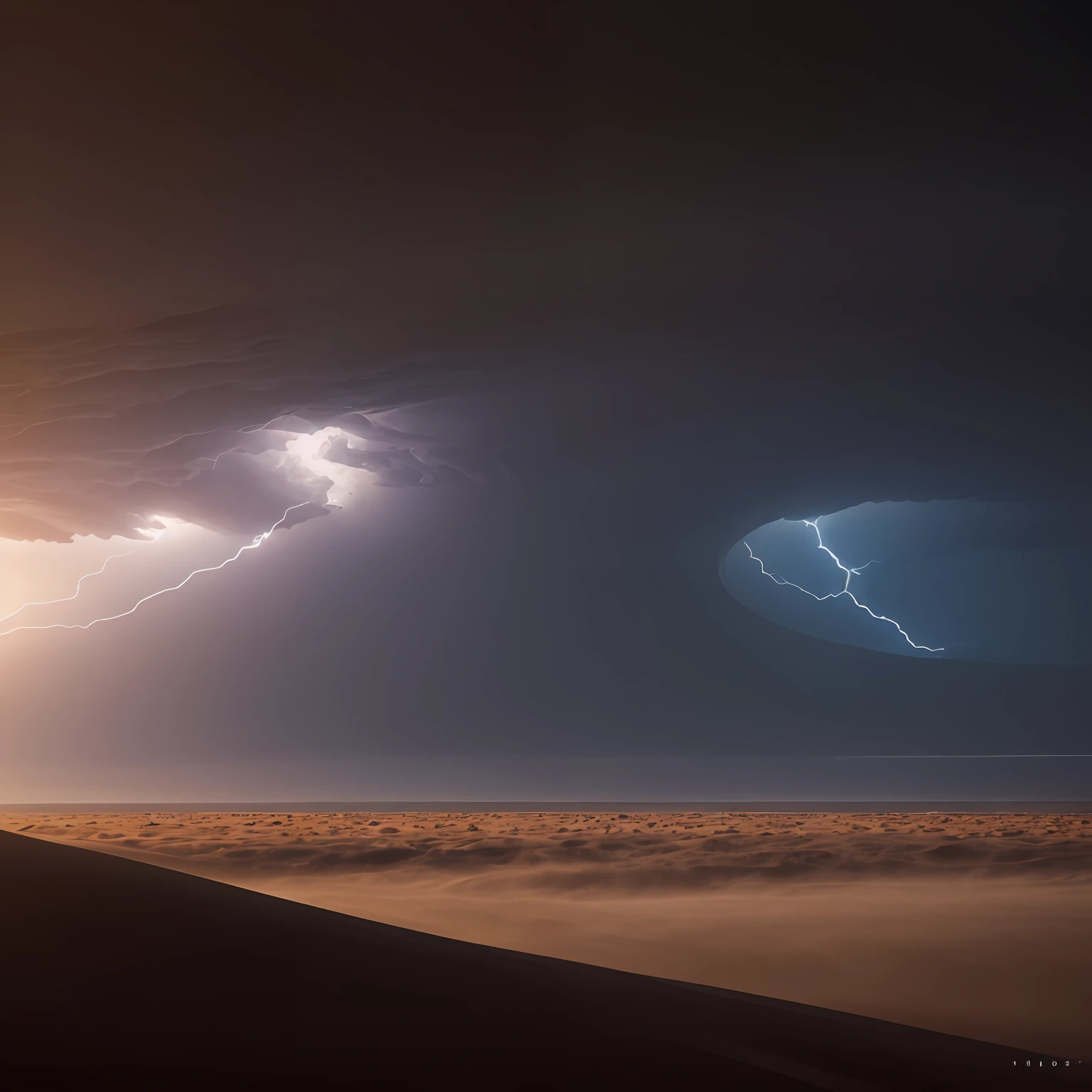 The unknown power on the other side on the horizon of the endless desert, a towering sandstorm enveloping everything in its path, showing flashes of unearthly lightning and raging winds, creating an atmosphere of danger and mystery, Photography, lens: wide-angle, size: 24mm, --ar 16:9 --v 5 --auto