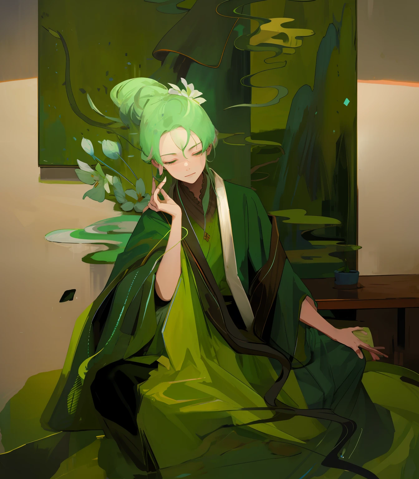 Draw a woman sitting by the water in a green dress,The clothes are white gradient to light blue