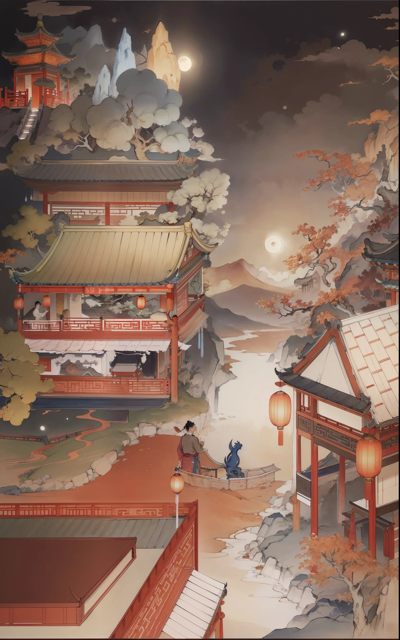 Ancient Chinese landscapes，Ancient buildings，Pavilions，Carved beams and paintings，enchanting scenery，Night，Moon light，Layered, rich light and shadow,Mid-Autumn Festival, Ink painting style，clean color，Low-saturation colors，Colors of low brightness，Decisive cut，Leave white space，Freehand，masterpaintings，ultra-detailliert，Epic composition,  HighestQuali，ultra realisitic，Art germ --v 6