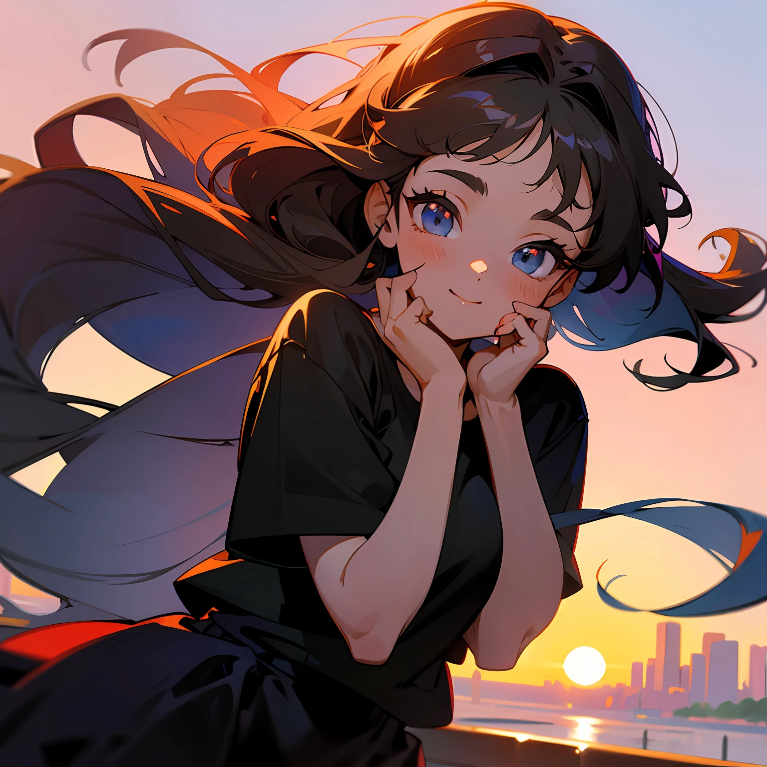 1990s anime, a happy little girl, wearing a black t-shirt, holding her chin in her hands, thinking, black wavy long hair, red bow on her head, round big eyes and long eyelashes, powder blusher, Miyazaki style, sunset red, super detail composition, high definition picture quality --niji 5 --ar 1:1 --auto