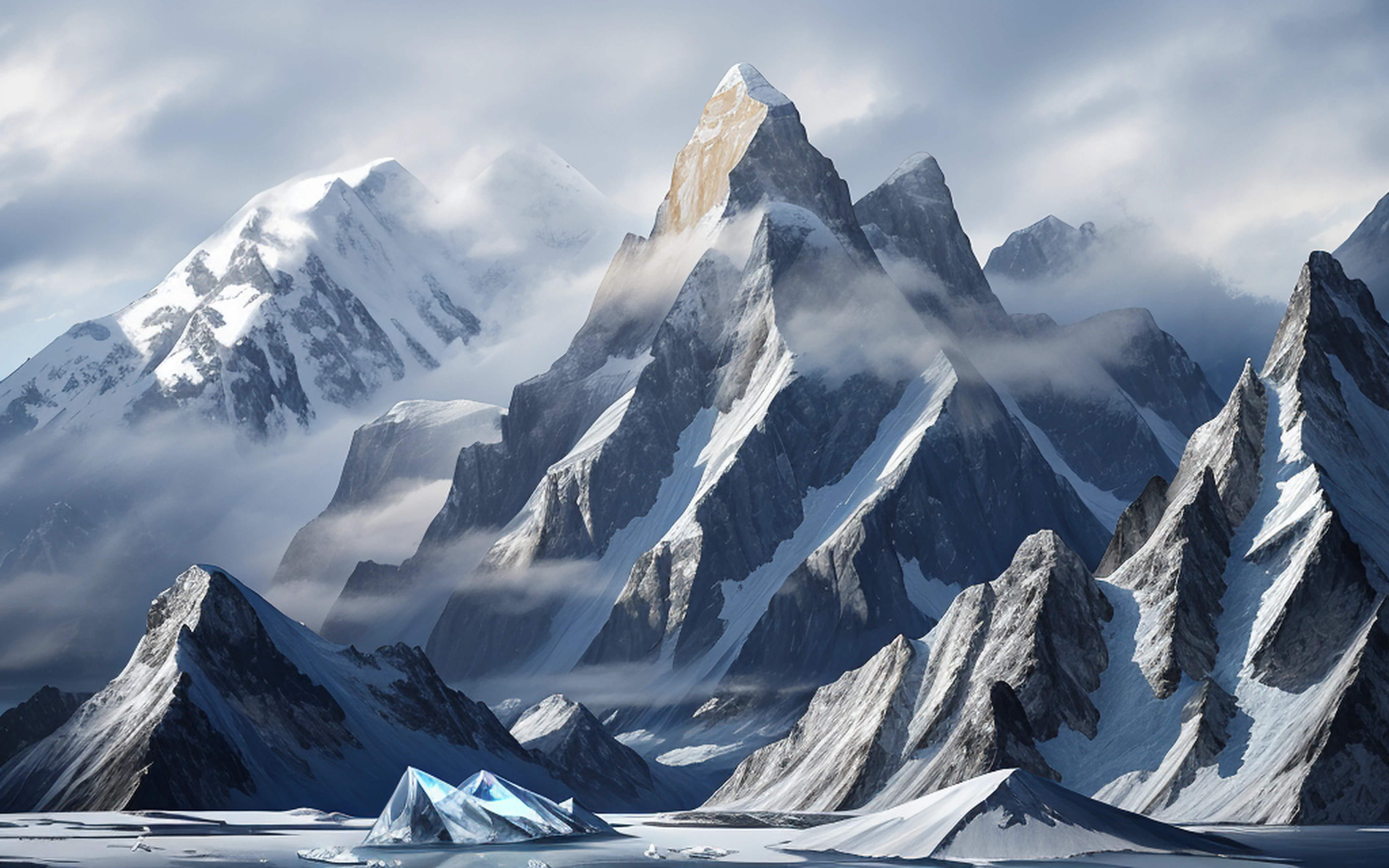 Snow-covered peaks，overcast day， snowy mountain landscape，Frozen，glacier，ice cubes，game background，high qulity，tmasterpiece，