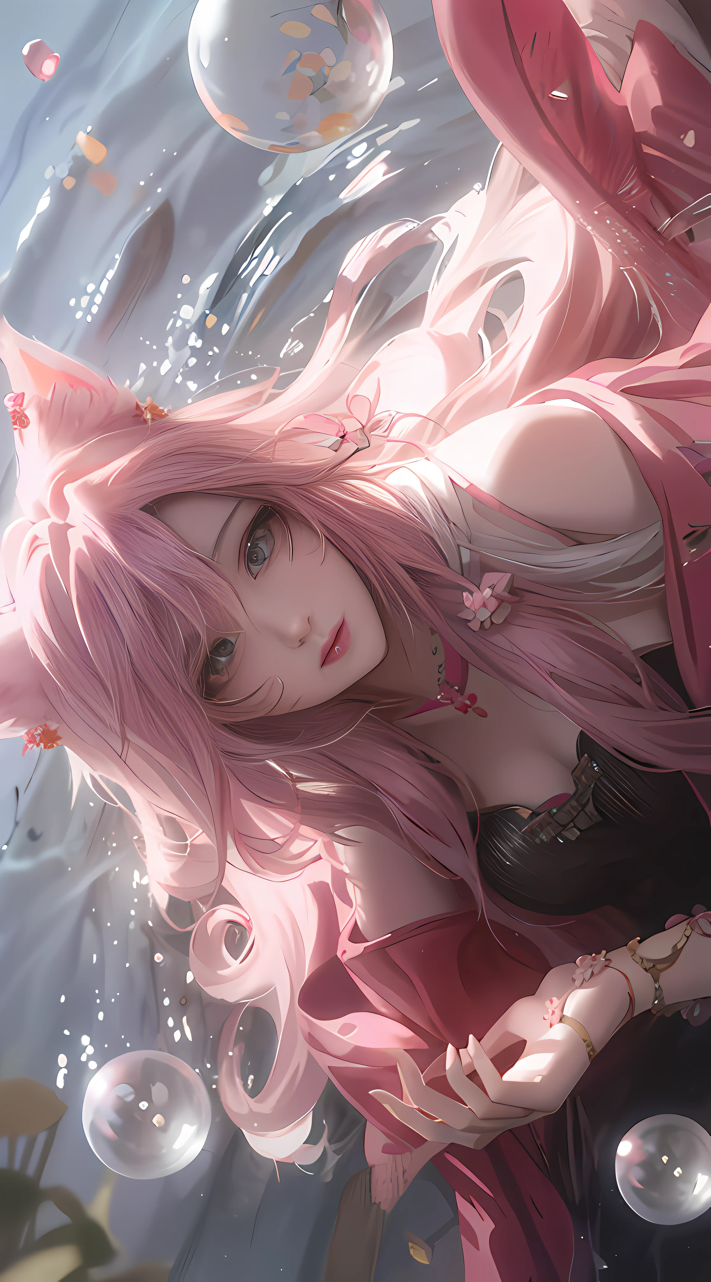 anime girl with pink hair and pink dress floating in water, beautiful anime catgirl, artwork in the style of guweiz, very beautiful anime cat girl, guweiz, guweiz on artstation pixiv, extremely detailed artgerm, beautiful anime girl, guweiz on pixiv artstation, ! dream artgerm, beautiful anime portrait