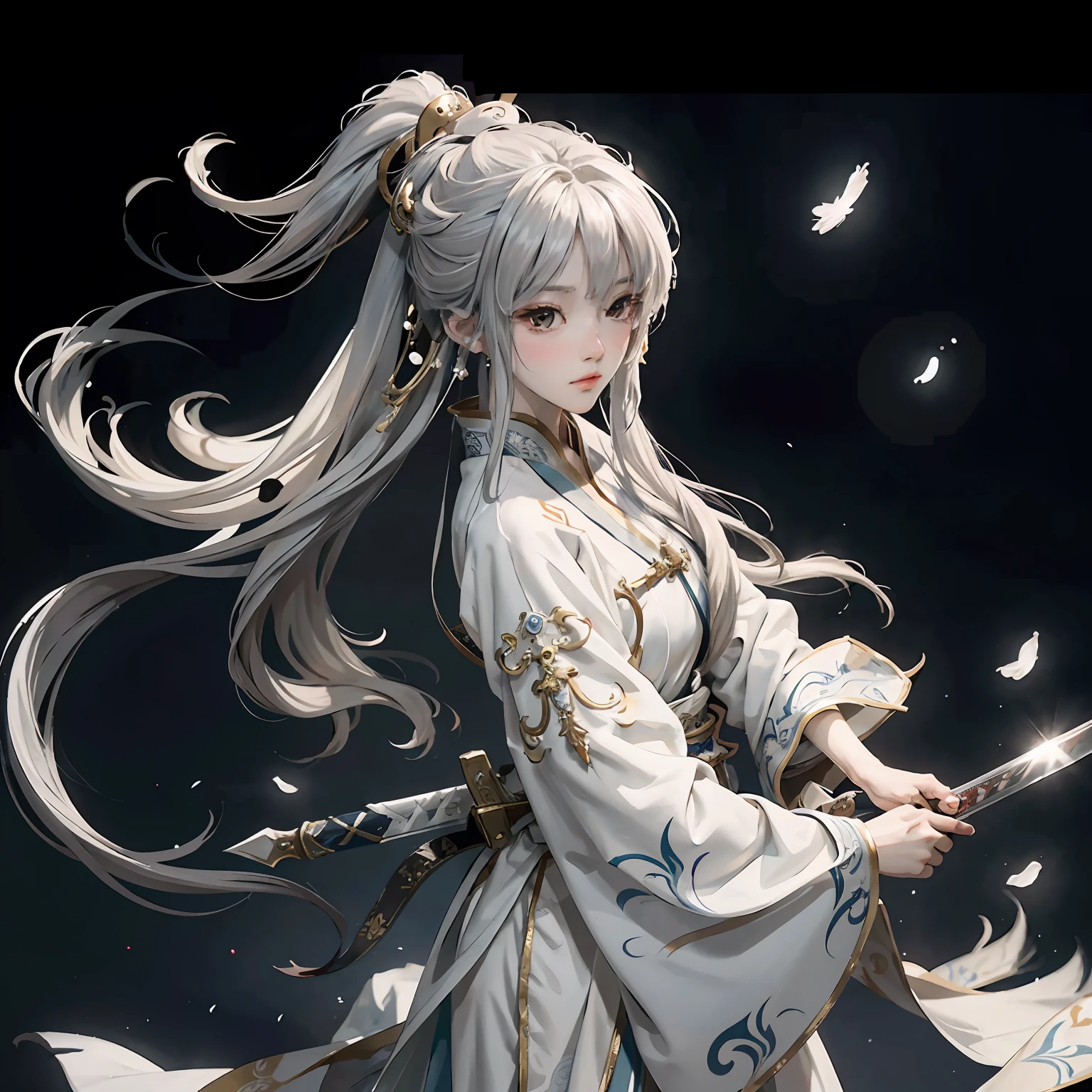Anime girl with long white hair with sword and sword,Yang J,Mink Shading Art Station Guviz,貅荅荔荔荔荔,Zeng Jing,Leng Mei,Li Song,American figure painting,FAN Qi,Tang Yifen,Wu Zhun Shifan,Zhou Wenjing,Close-up of a woman in a white dress holding a sword,a character portrait by Yang J,Look up,The popularity of CGsociety,Fantasyart,Beautiful character painting,Guviz-style artwork,Guvitz,White Hanfu,Flowing white robe,full-body wuxia,epic exquisite character art,Stunning character art,beautiful female assassin,Ink painting