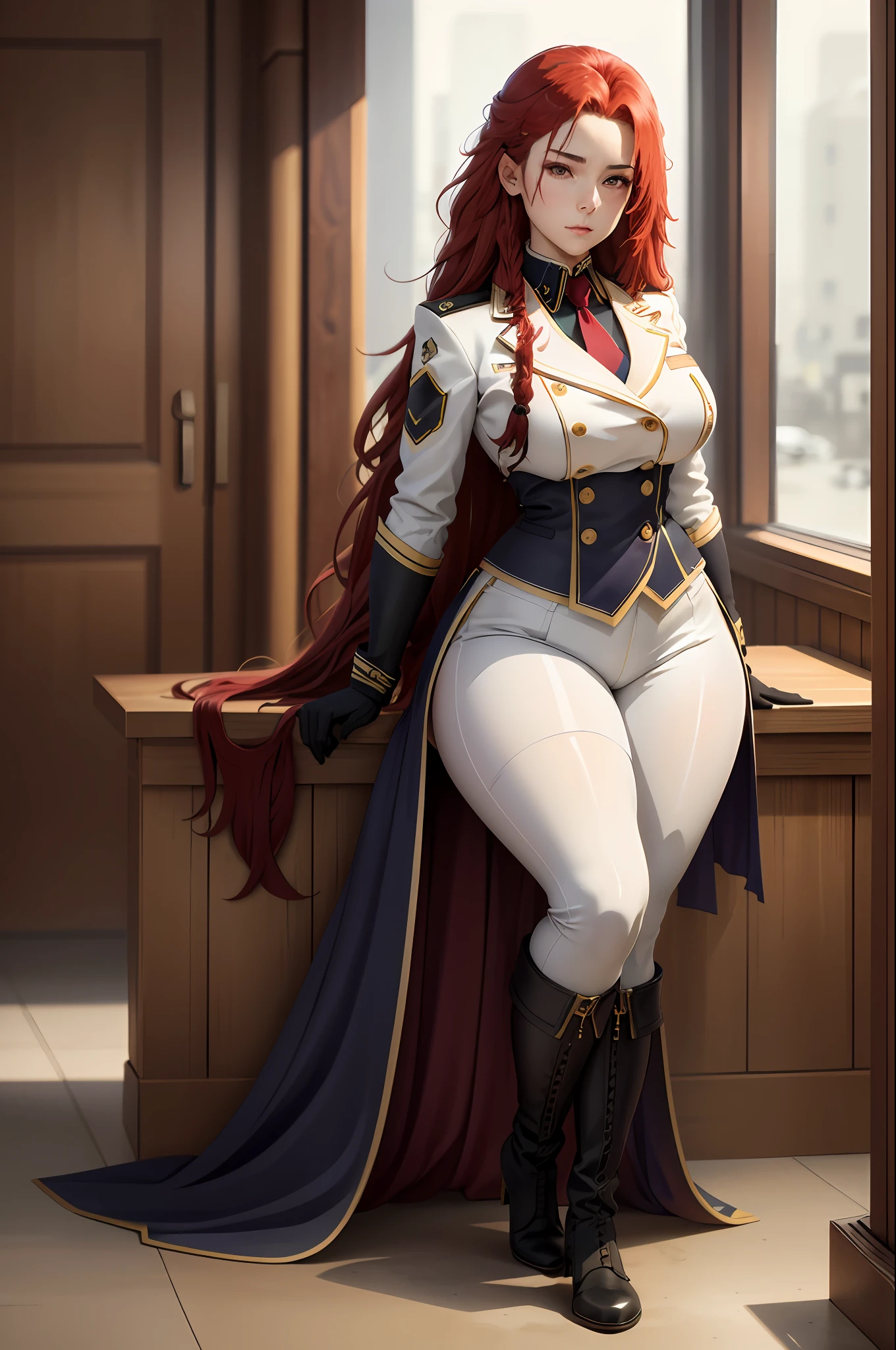 masterpiece, best quality, IrisMidgarV4, 1girl, solo, long hair, red eyes, gloves, braid, red hair, boots, white gloves, uniform, military, military uniform, knee boots, sitting, white pantyhose, white pants, standing position, thick thighs,no breasts,wide hips, looking at viewer