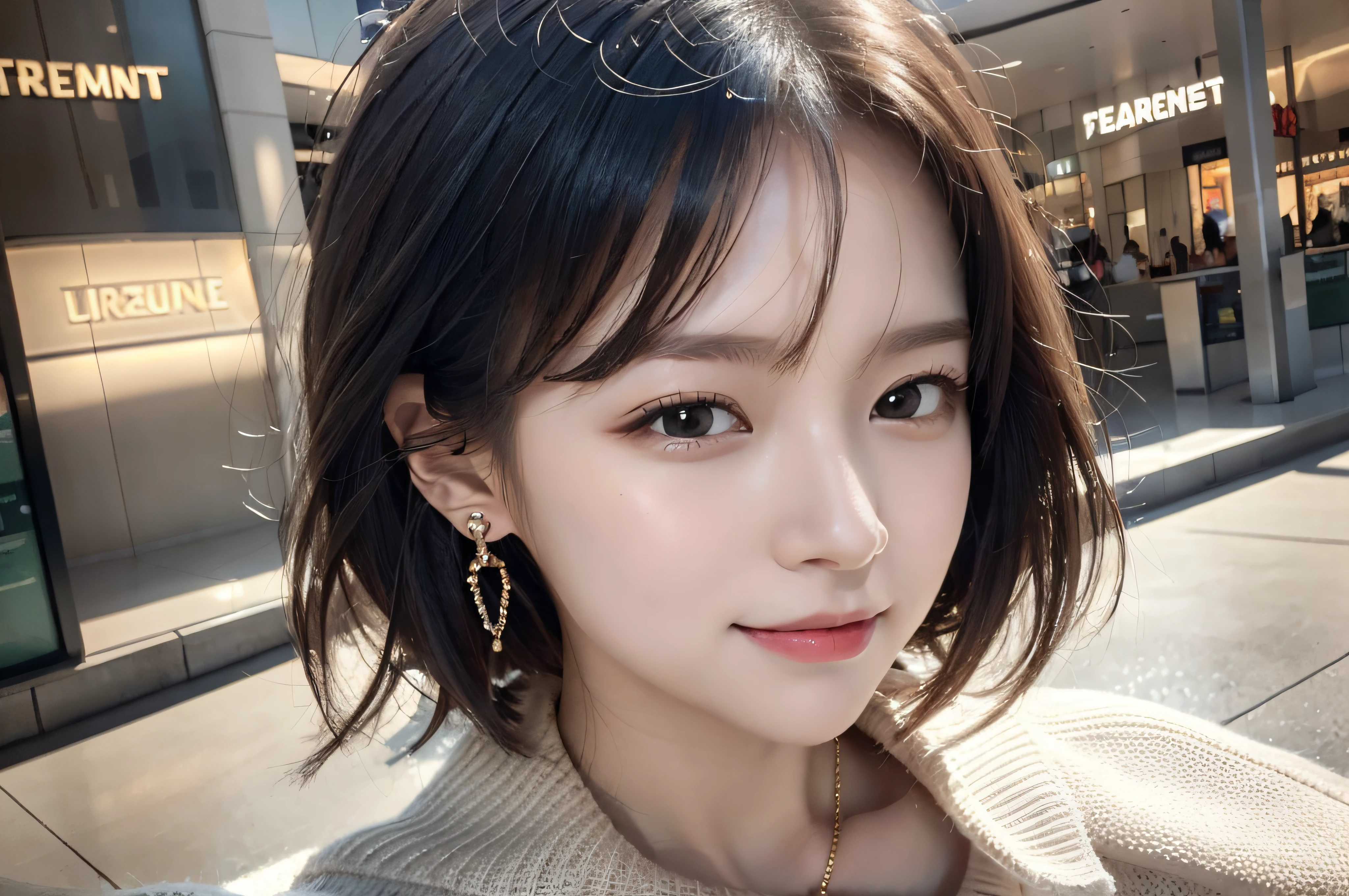 (high-school sweater:1.2), (innocent and classy girl:1.2), (Explosive hair style,with short black hair), Very detailed face and skin texture, A detailed eye, 二重まぶた, Pale cheeks, Glossy glossy skin, Moist eyes:1.2, Shiny little neckless and earrings, Glossy lips:1.4, White skin of the:1.2, (from above distance: 1.2)),big cleavage breasts, (sweetsmile:1.2), (looking at viewert), (tiny mouth:1.1),(Shopping at the mall:1.2),sunglasses on head