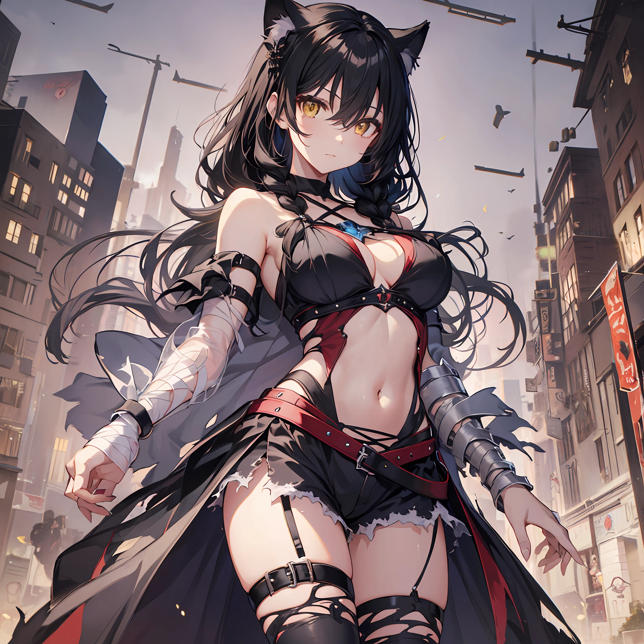 unparalleled masterpiece ever、超8k CG、超A high resolution、erfect artwork、clean and beautiful face、pure face、Hair in the details、Fine beautiful eyes and face、beatiful detailed eyes、Very extreme details、best qualtiy、Perfect illustration、extremely delicate and beautiful、extremely details CG、8k wallpaper、astonishing、finely detail、Official Art、Very detailed CG 8k wallpaper、Incredibly ridiculous、huge filesize、 ultra-detailliert、ighly detailed、a beautiful detailed girl、extremely detailed eye and face、1girl in、独奏、Velvet Crow、((low tied hair、Dark hair、length hair))、((bandaged、bandaged arms、Bandaged left arm))、((a matural female、A MILF))、large full breasts、(yellow  eyes:1.2)、Red shirt、Midriff、a navel、ripped clothing、Black shorts、(single braid:1.4)、On the shoulder braid、((Single gauntlet、Right Arm Bridal Gauntlet))、 a navel、bare shoulders​、a black choker、abdominals、((Wearing a torn leg、black thighhighs))、looking at the viewers、((Kemomimi))