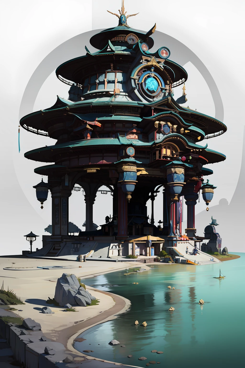 Game Academy，Ethno-style architecture，Ancient Chinese，xianixa，（Future science fiction，neonlight，cyber punk perssonage，Hologram aura、particle fx），Structurally sound、High-definition details，perfect works，White background，（tmasterpiece，top-quality，best qualtiy，offcial art，Beauty and aesthetics：1.2），（8K，best qualtiy，tmasterpiece：1.2）