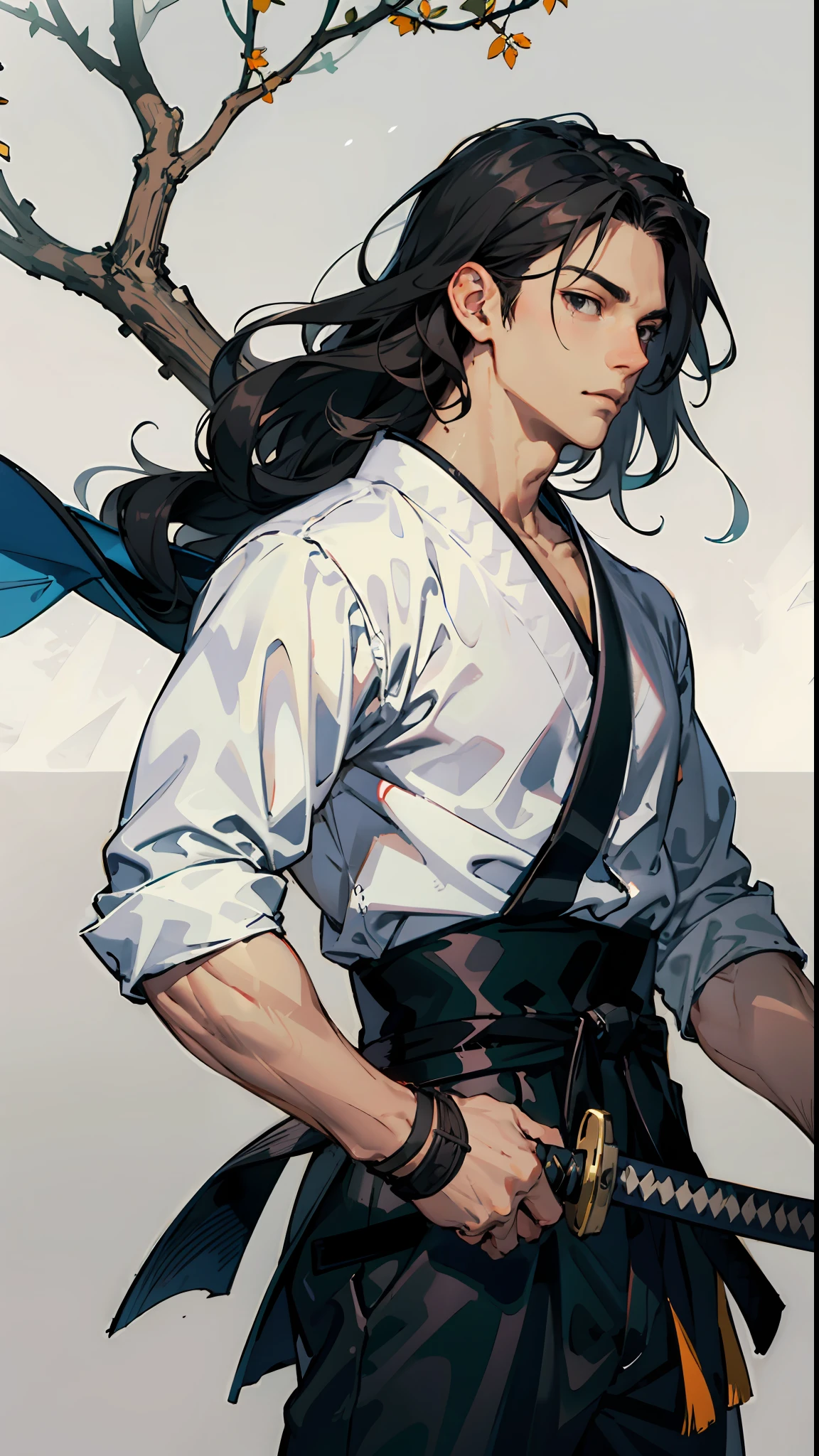 masterpiece, best quality, 1 male, teen, muscular, handsome, finely detailed eyes, intricate details, highly detailed katana, long wavy hair, black hair, black eyes, highly detailed dojo