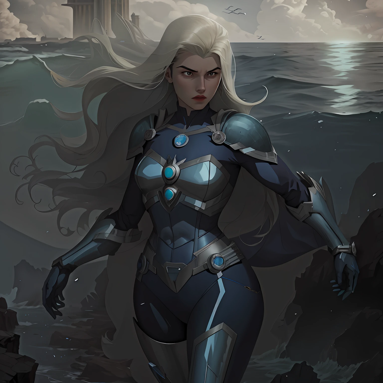 superheroine queen of the oceans, mulher de cabelo branco, vestindo um traje de armadura azul com detalhes prateados, corpo atletico, poderosa, deusa, divindade moderna, personagem 2d, estilo quadrinhos, controla os mares, Atlantis