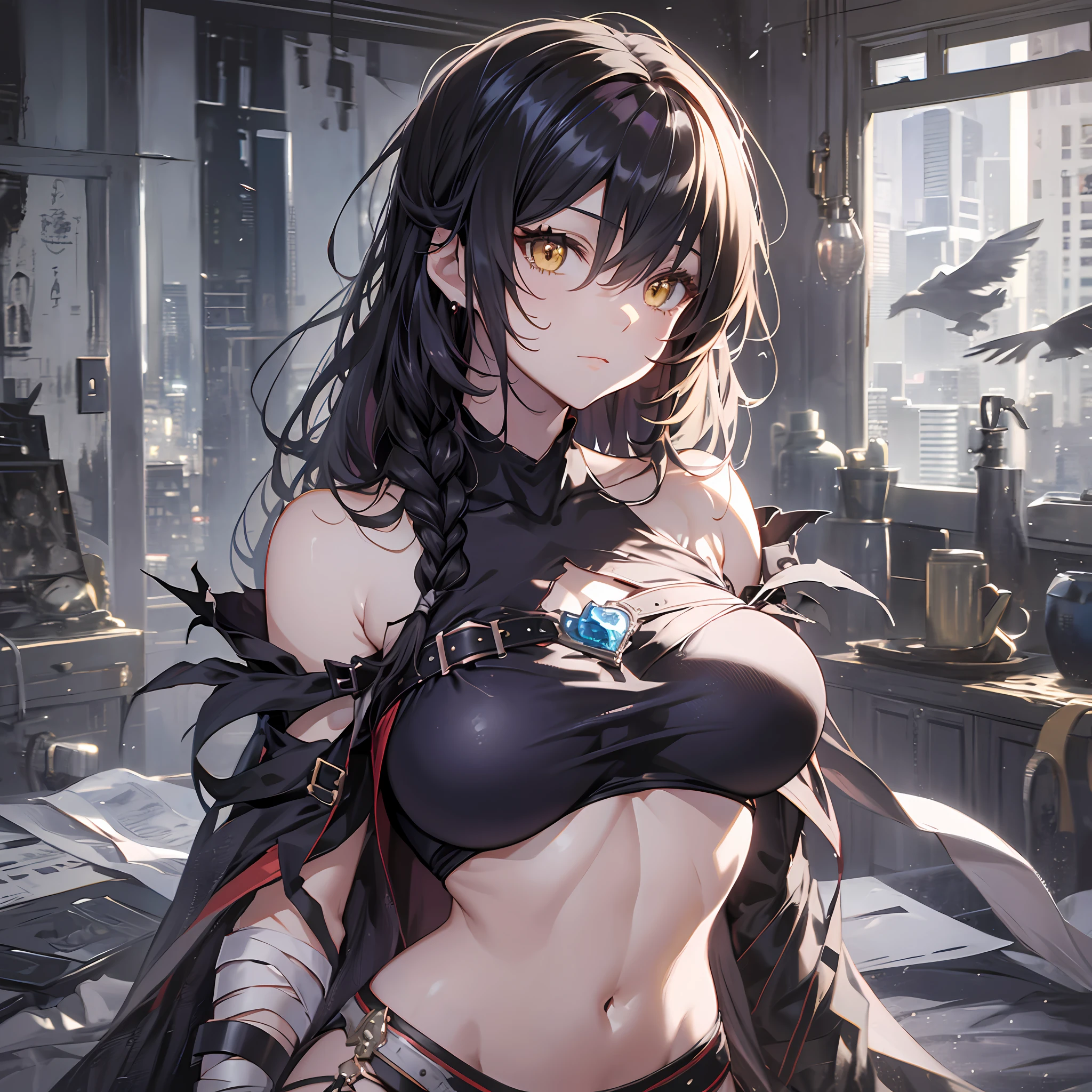 unparalleled masterpiece ever、超8k CG、超A high resolution、erfect artwork、clean and beautiful face、pure face、Hair in the details、Fine beautiful eyes and face、beatiful detailed eyes、Very extreme details、best qualtiy、Perfect illustration、extremely delicate and beautiful、extremely details CG、8k wallpaper、astonishing、finely detail、Official Art、Very detailed CG 8k wallpaper、Incredibly ridiculous、huge filesize、 ultra-detailliert、ighly detailed、a beautiful detailed girl、extremely detailed eye and face、1girl in、独奏、Velvet Crow、((low tied hair、Dark hair、length hair))、((bandaged、bandaged arms、Bandaged left arm))、((a matural female、A MILF))、large full breasts、(yellow eyes:1.2)、Red shirt、Midriff、a navel、ripped clothing、Black shorts、(single braid:1.4)、On the shoulder braid、((Single gauntlet、Right Arm Bridal Gauntlet))、 a navel、bare shoulders、a black choker、abdominals、((Wearing a torn leg、black thighhighs))、looking at the viewers、((Kemomimi))