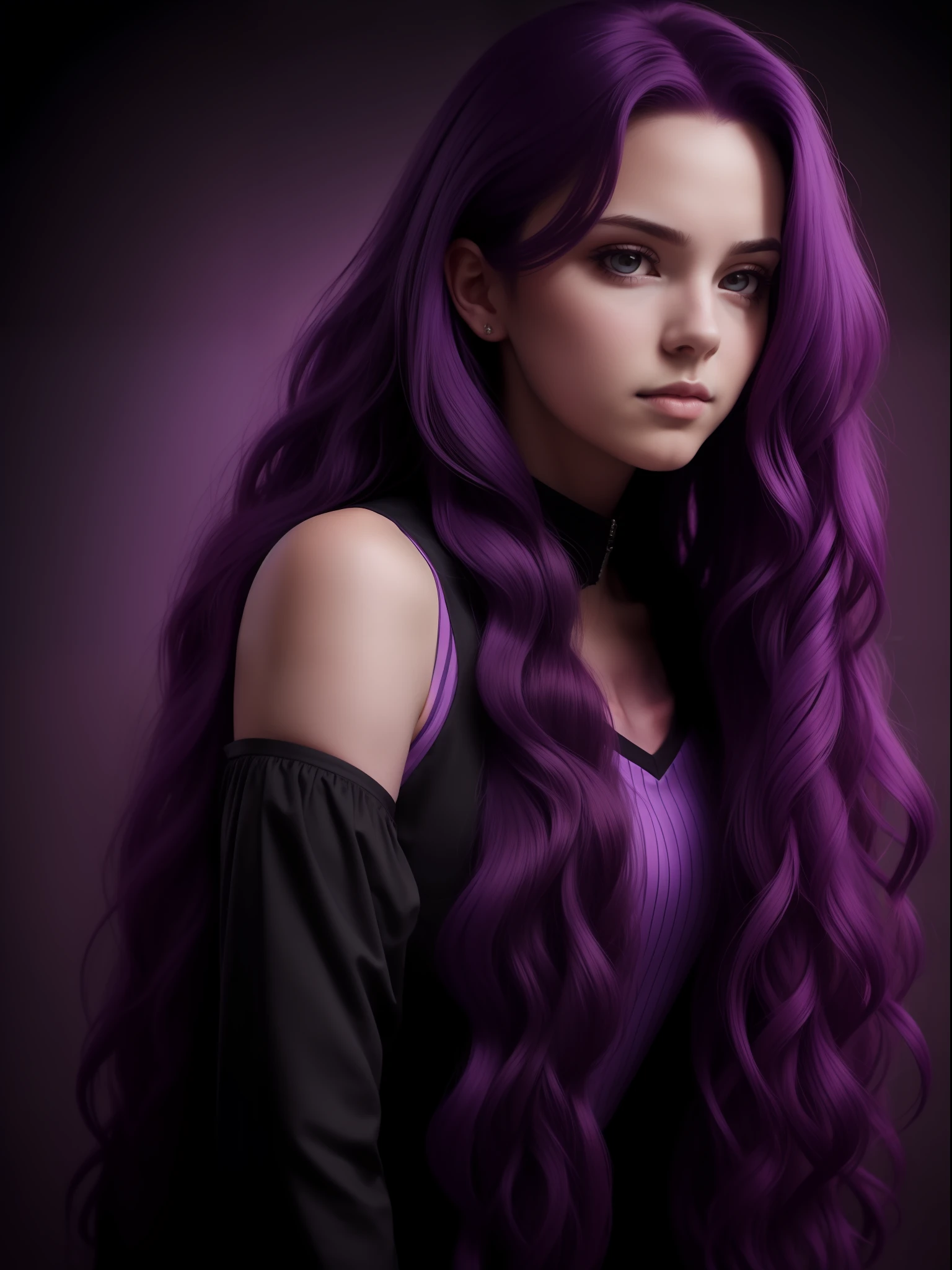 Portrait of a girl with long purple hair, Flowing, curly purple hair, Side view, uniform background, Dark background, high qulity, Dramatic lighting, Tenebrism, High contrast